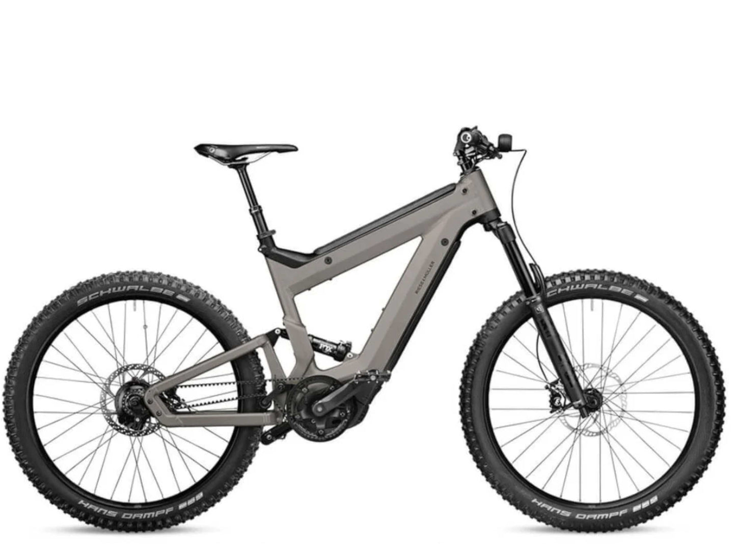 Riese and Muller Superdelite Mountain Touring emtb full suspension warm silver matte side view on Fly Rides