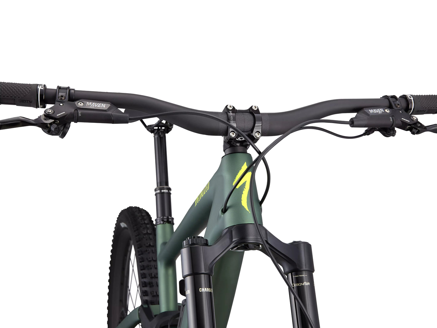 Specialized Enduro Pro Full Suspension Mountain bike Satin Cypress Metallic / Ion metallic Handlebars and shifters closeup