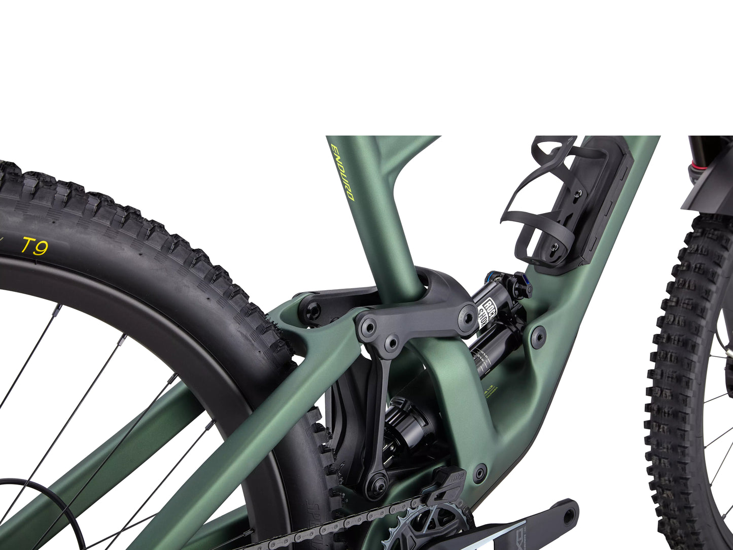 Specialized Enduro Pro Full Suspension Mountain bike Satin Cypress Metallic / Ion metallic Rear shock closeup