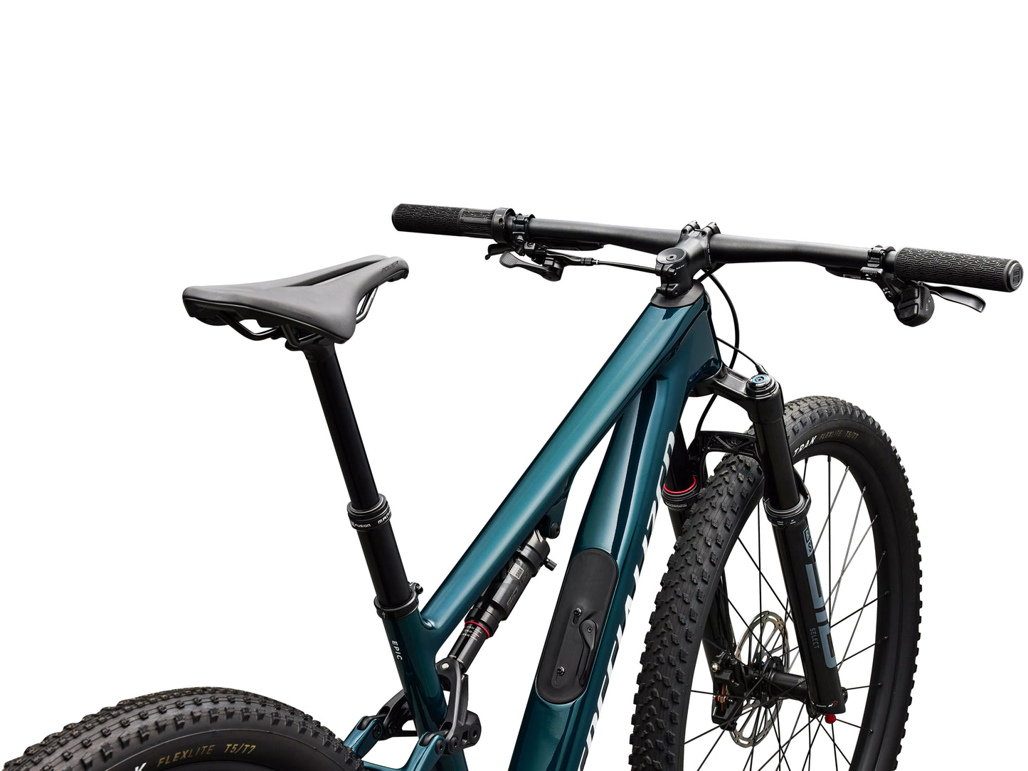 Specialized Epic 8 Comp Full suspension Mountain bike Gloss emerald metaliic / white Cockpit and saddle view