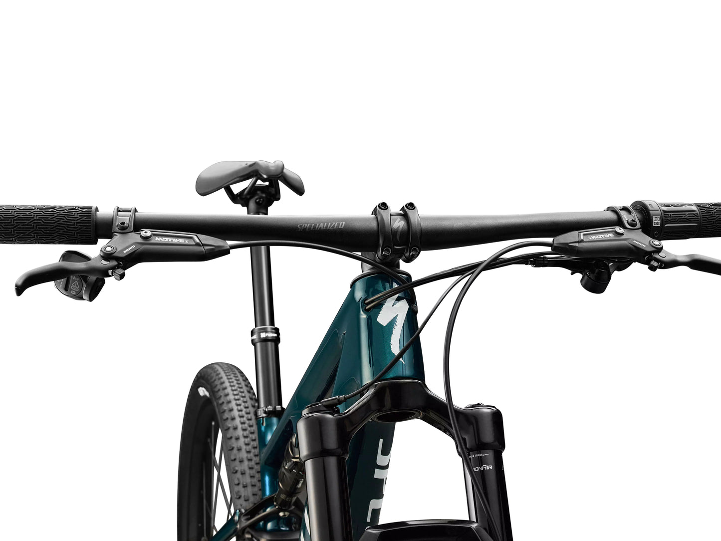 Specialized Epic 8 Comp Full suspension Mountain bike Gloss emerald metaliic / white Handlebars, shifters, saddle and setapost view