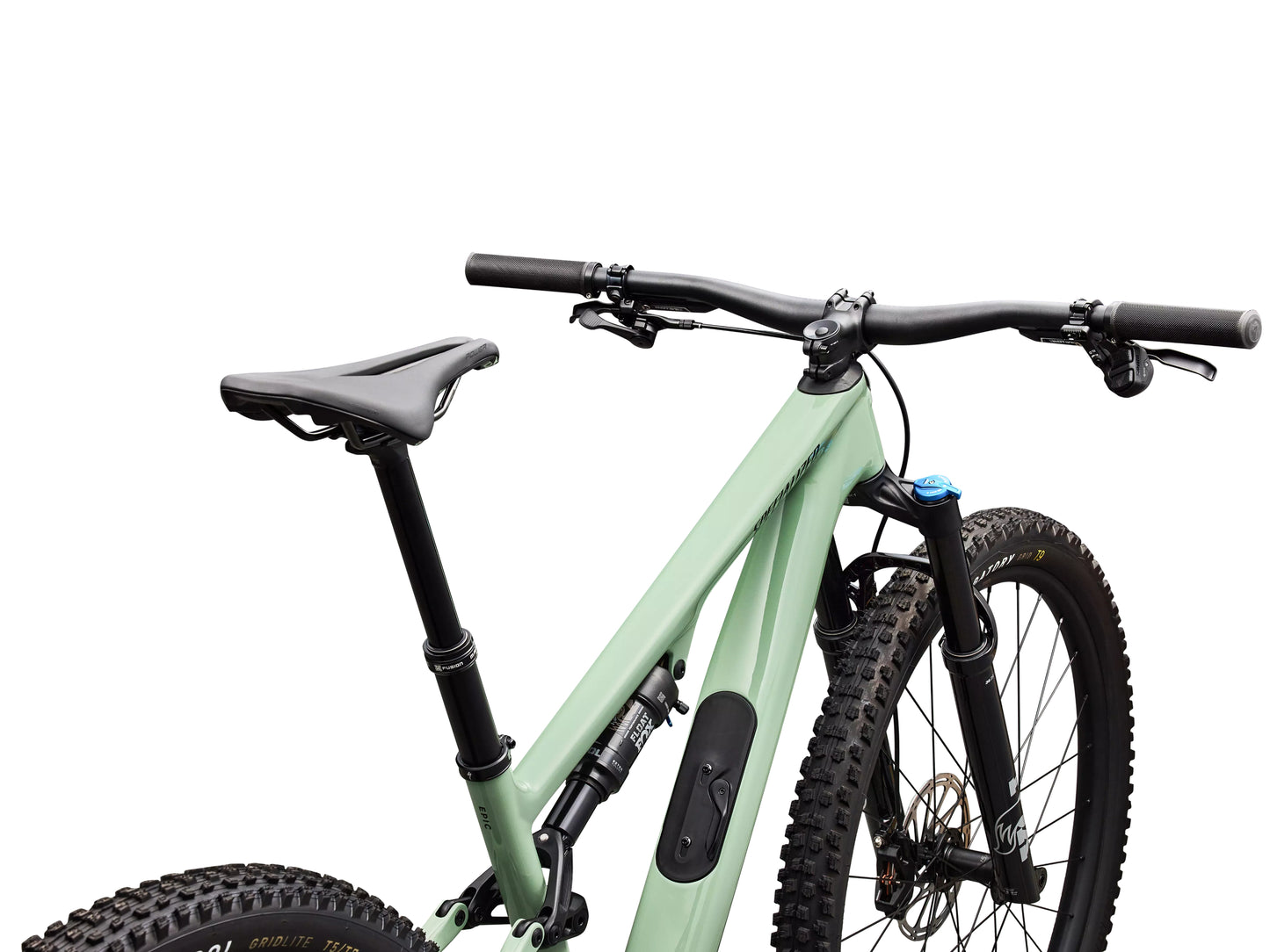 Specialized Epic 8 EVO Comp Full suspension Mountain bike Gloss pistachio / obsidian Saddle, seatpost, cockpit view