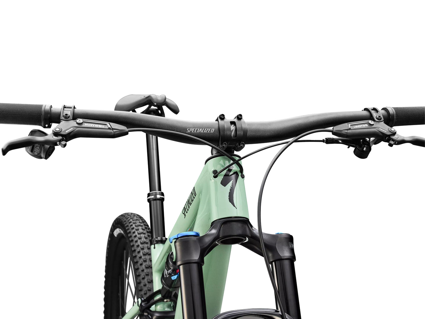 Specialized Epic 8 EVO Comp Full suspension Mountain bike Gloss pistachio / obsidian Handlebars, stem, shifters closeup