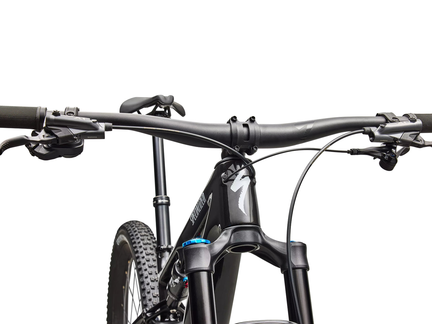 Specialized Epic 8 EVO Expert Di2 Full suspension Mountain bike Gloss carbon / white Handlebars, stem, shifters closeup