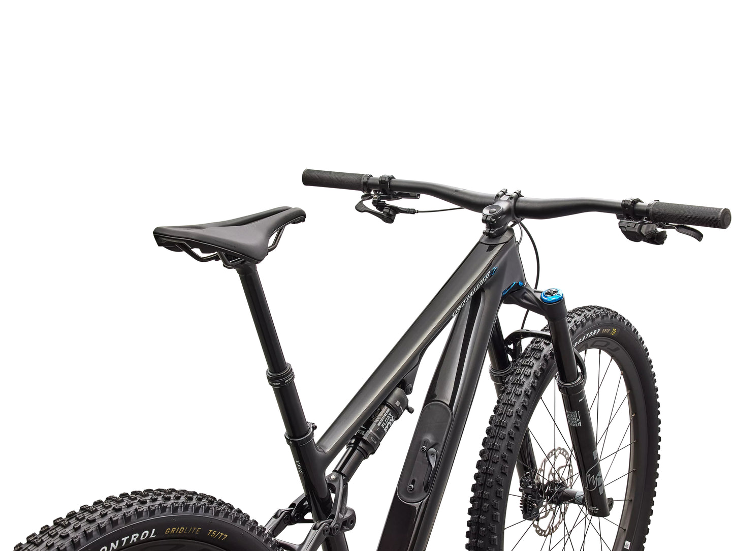 Specialized Epic 8 EVO Expert Di2 Full suspension Mountain bike Gloss carbon / white Saddle and cockpit view
