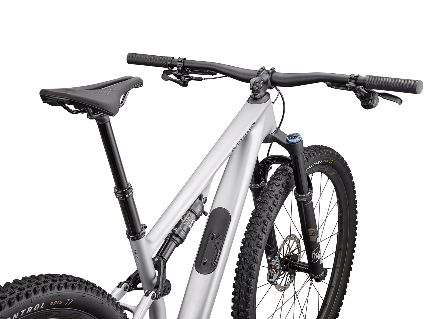 Specialized Epic 8 EVO Expert Full suspension Mountain bike satin silver dust / gunmetal Rear facing view