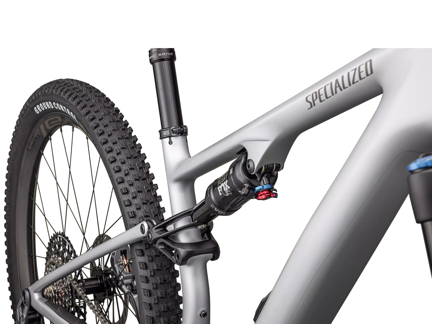 Specialized Epic 8 EVO Expert Full suspension Mountain bike satin silver dust / gunmetal Seatpost, rear tire, rear shock view