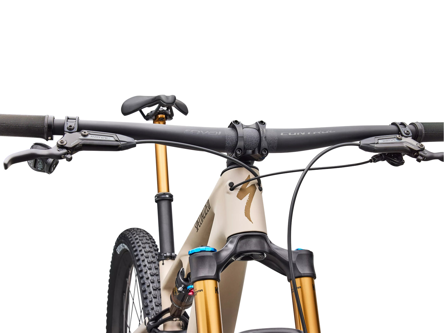 Specialized Epic 8 EVO Pro Full Suspension Mountain bike Satin sandstone metallic / burnt gold Handlebars, Stem, Shifters closeup