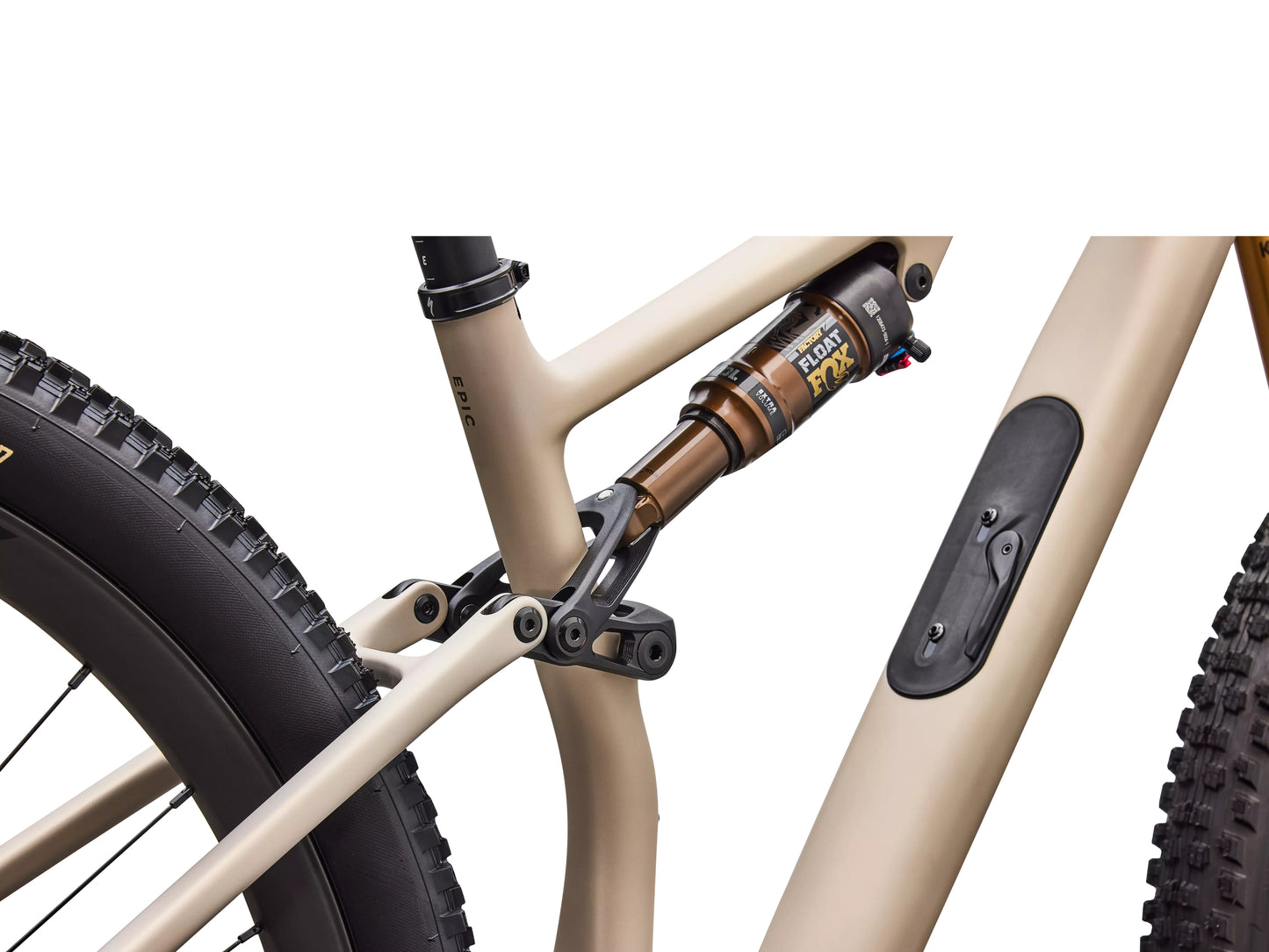 Specialized Epic 8 EVO Pro Full Suspension Mountain bike Satin sandstone metallic / burnt gold Rear shock closeup