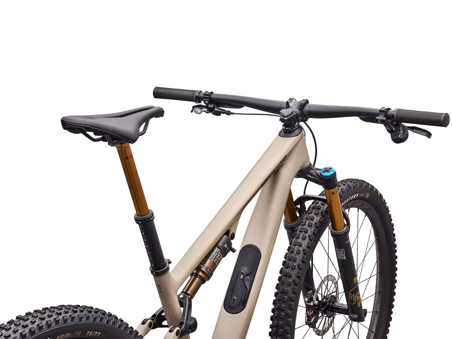 Specialized Epic 8 EVO Pro Full Suspension Mountain bike Satin sandstone metallic / burnt gold Saddle and Cockpit view
