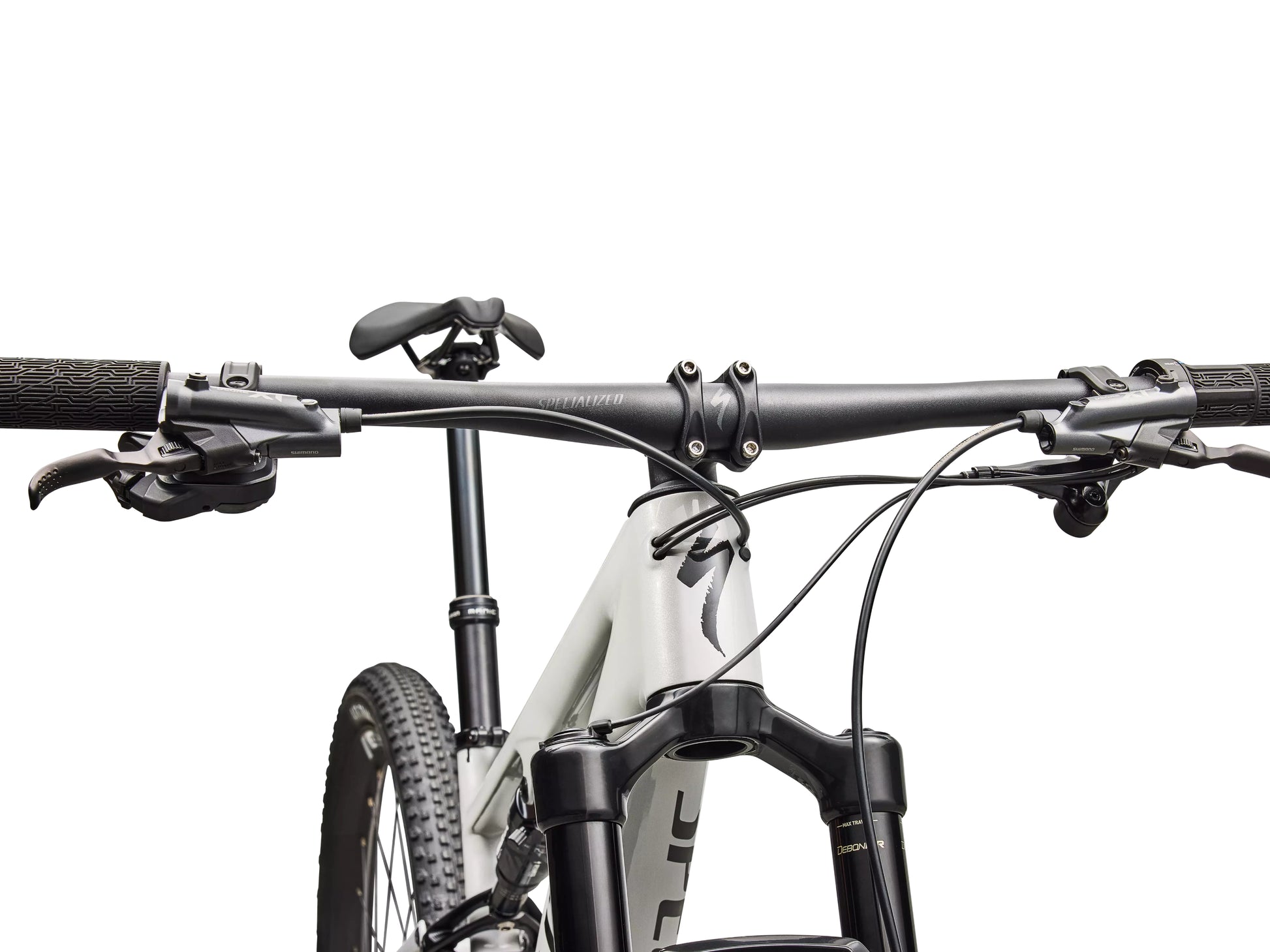 Specialized Epic 8 Expert Di2 Full suspension mountain bike Gloss dolomite metallic / obisidian Handlebars, stem, shifters, saddle and seatpost closeup