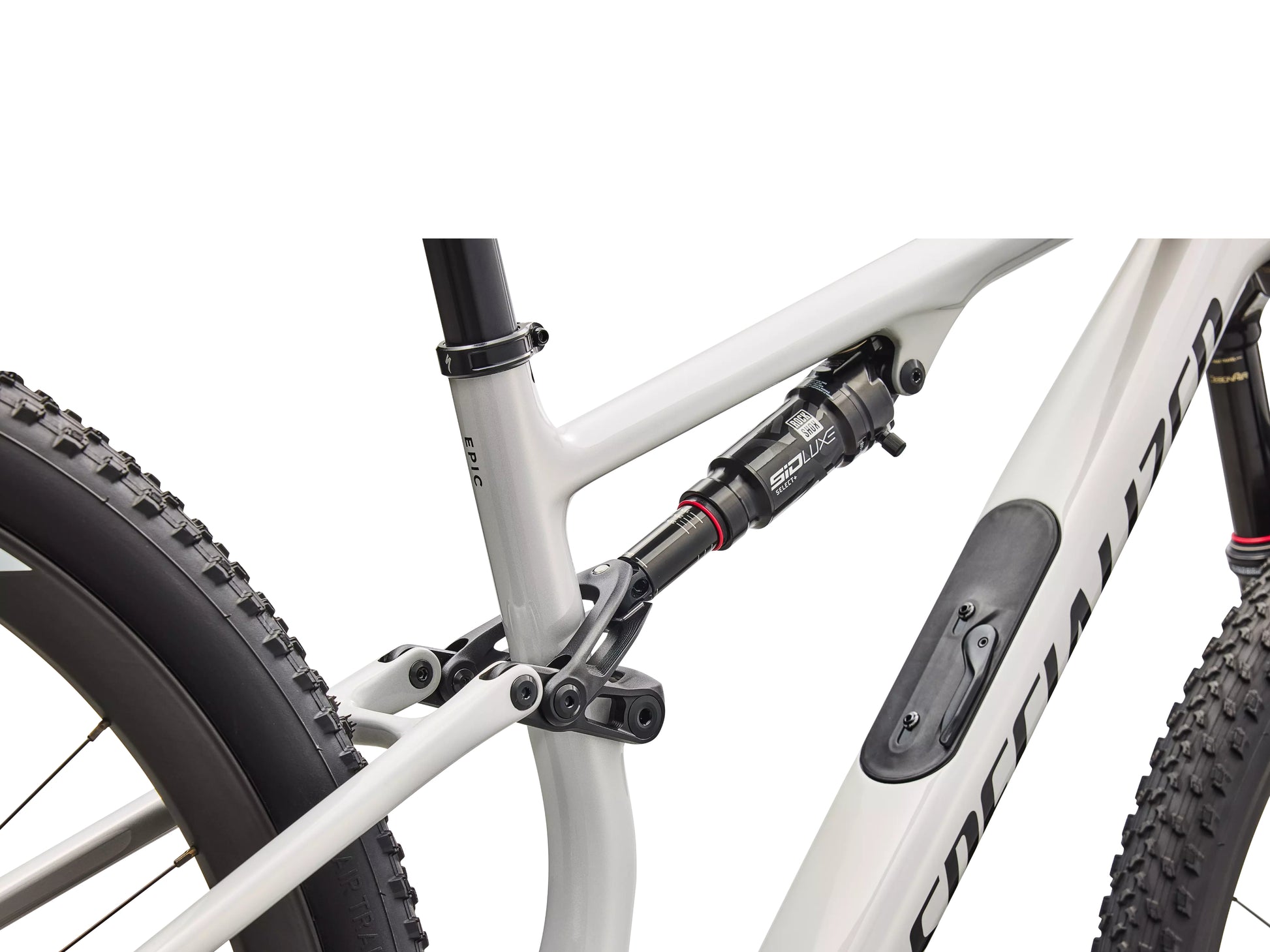 Specialized Epic 8 Expert Di2 Full suspension mountain bike Gloss dolomite metallic / obisidian Rear shock closeup