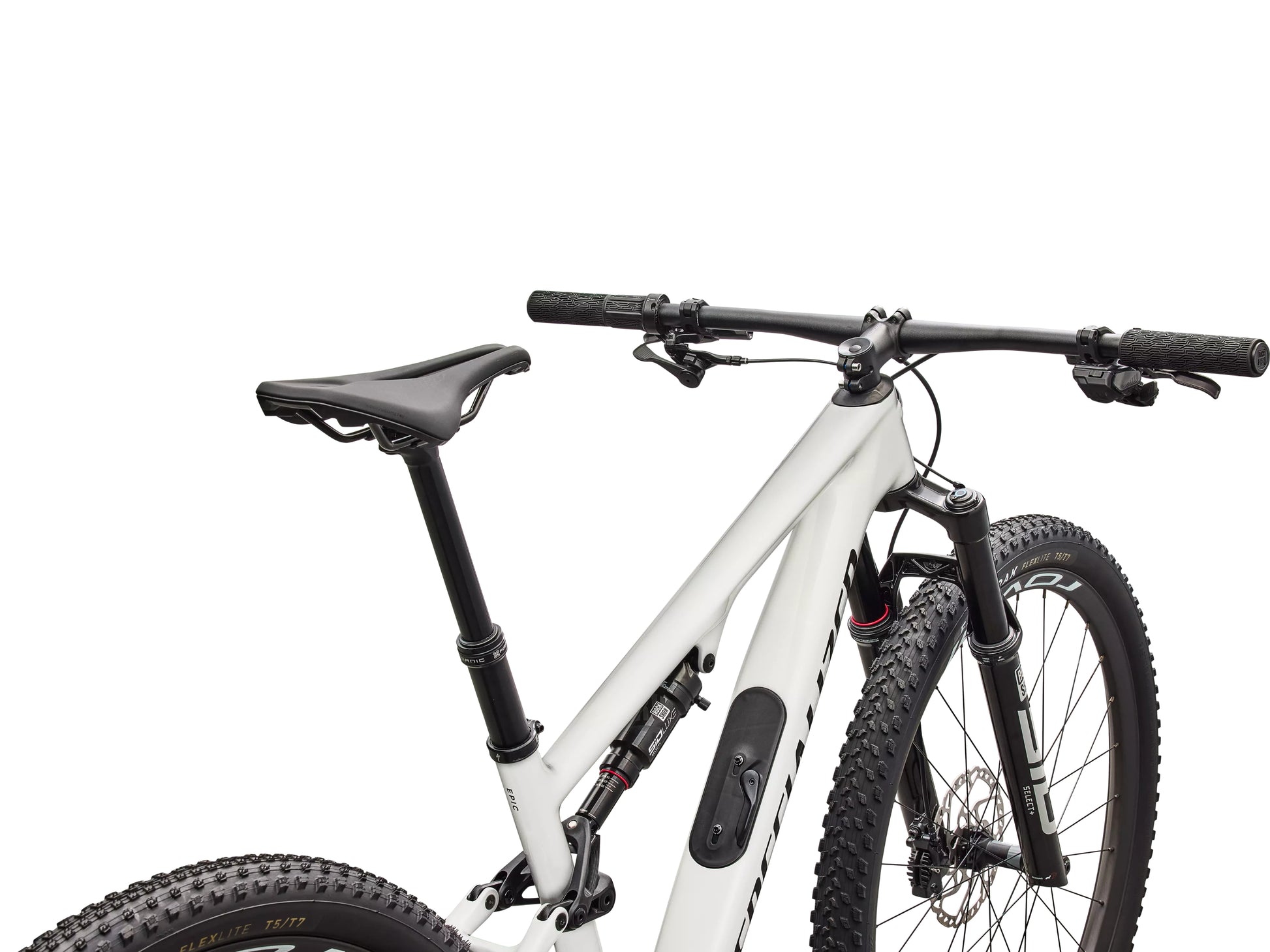 Specialized Epic 8 Expert Di2 Full suspension mountain bike Gloss dolomite metallic / obisidian Saddle and cockpit forward view