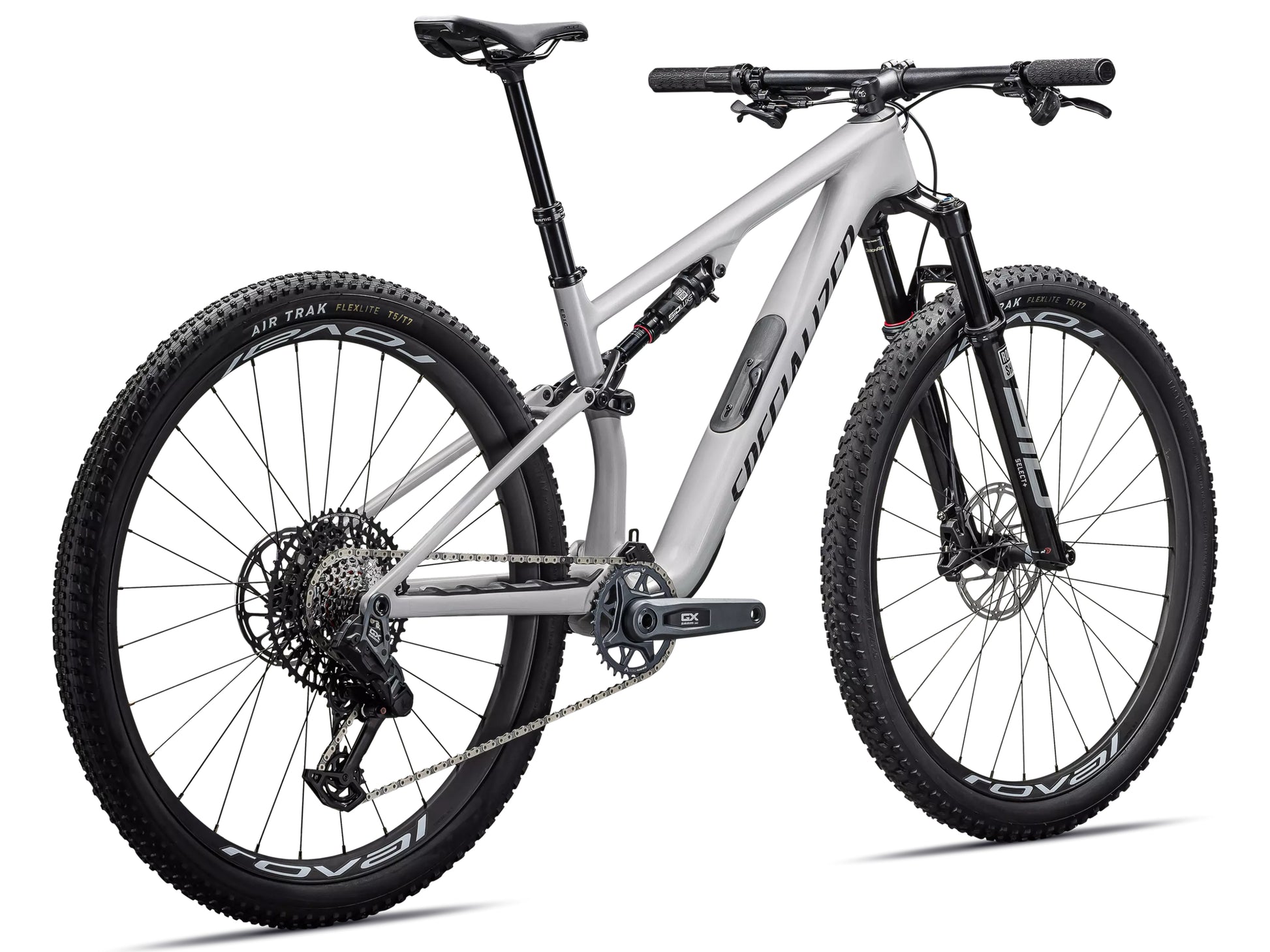 Specialized Epic 8 Expert Full suspension mountain bike Gloss dolomite metallic / obisidian Rear facing view
