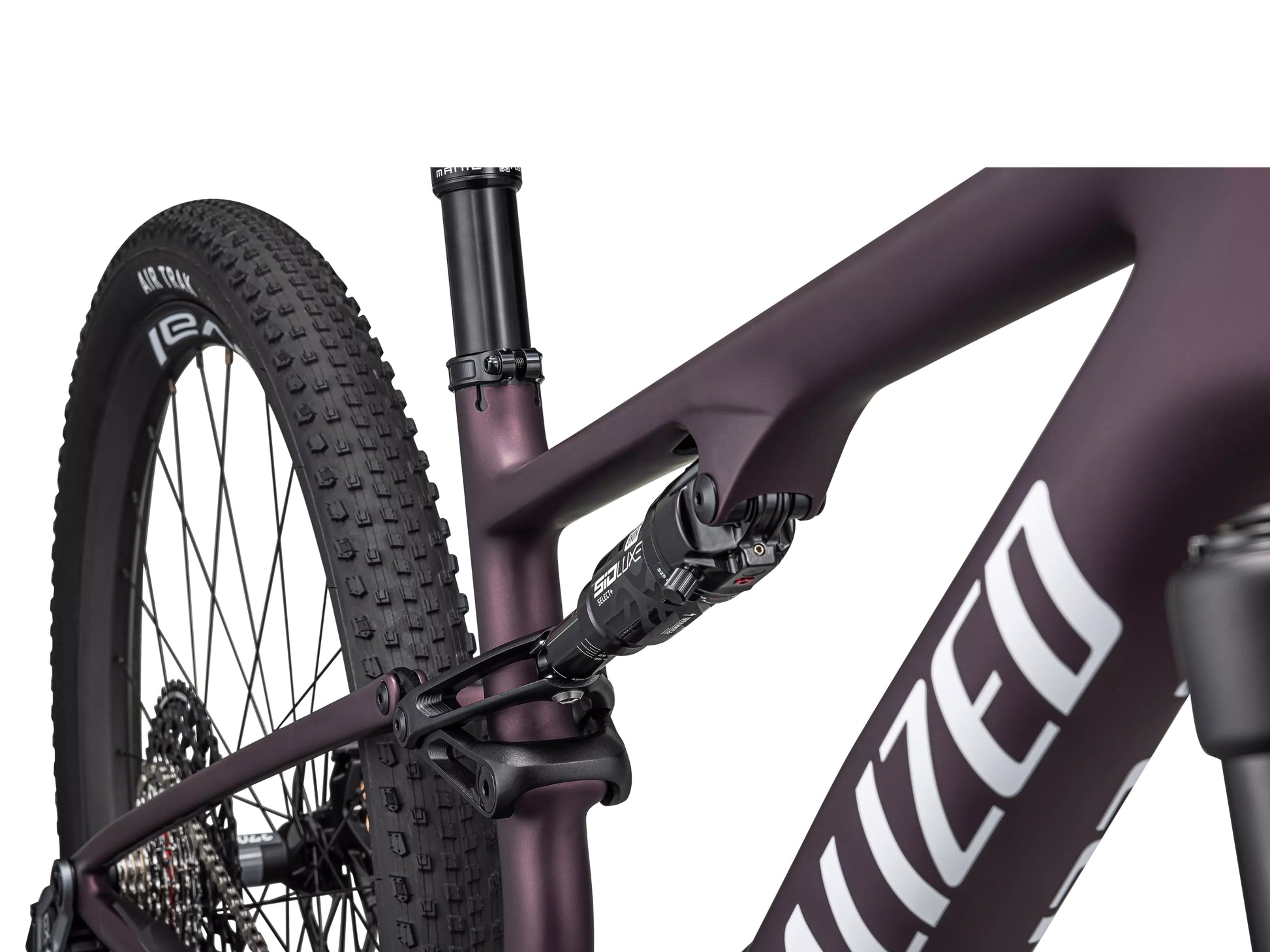 Specialized Epic 8 Expert Full suspension Mountain bike Satin bordeaux metallic / white Rear view of rear shock closeup