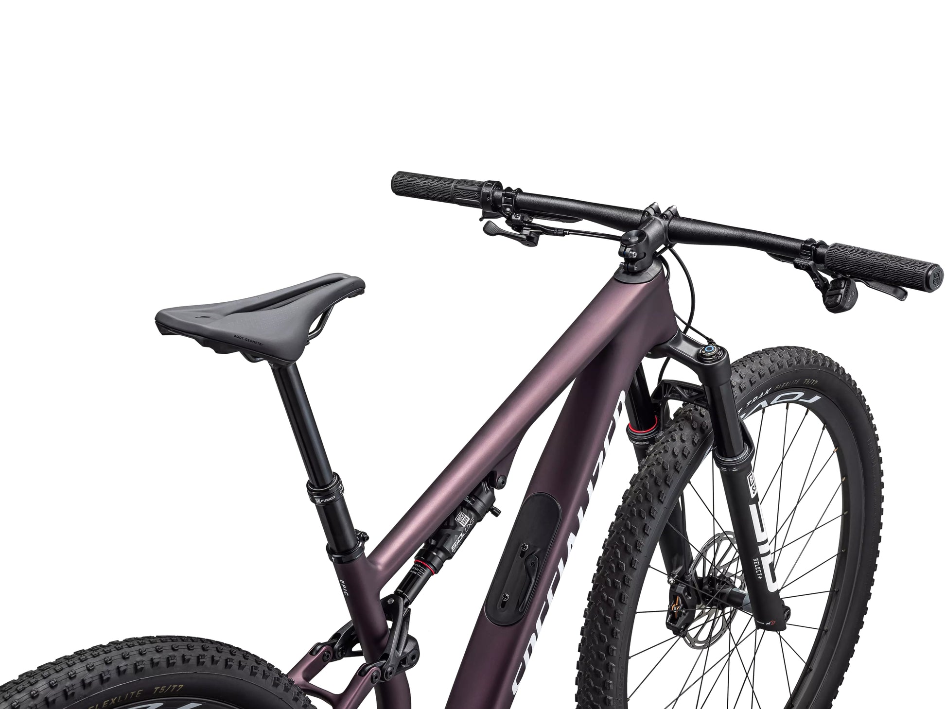 Specialized Epic 8 Expert Full suspension Mountain bike Satin bordeaux metallic / white Saddle and cockpit forward facing view