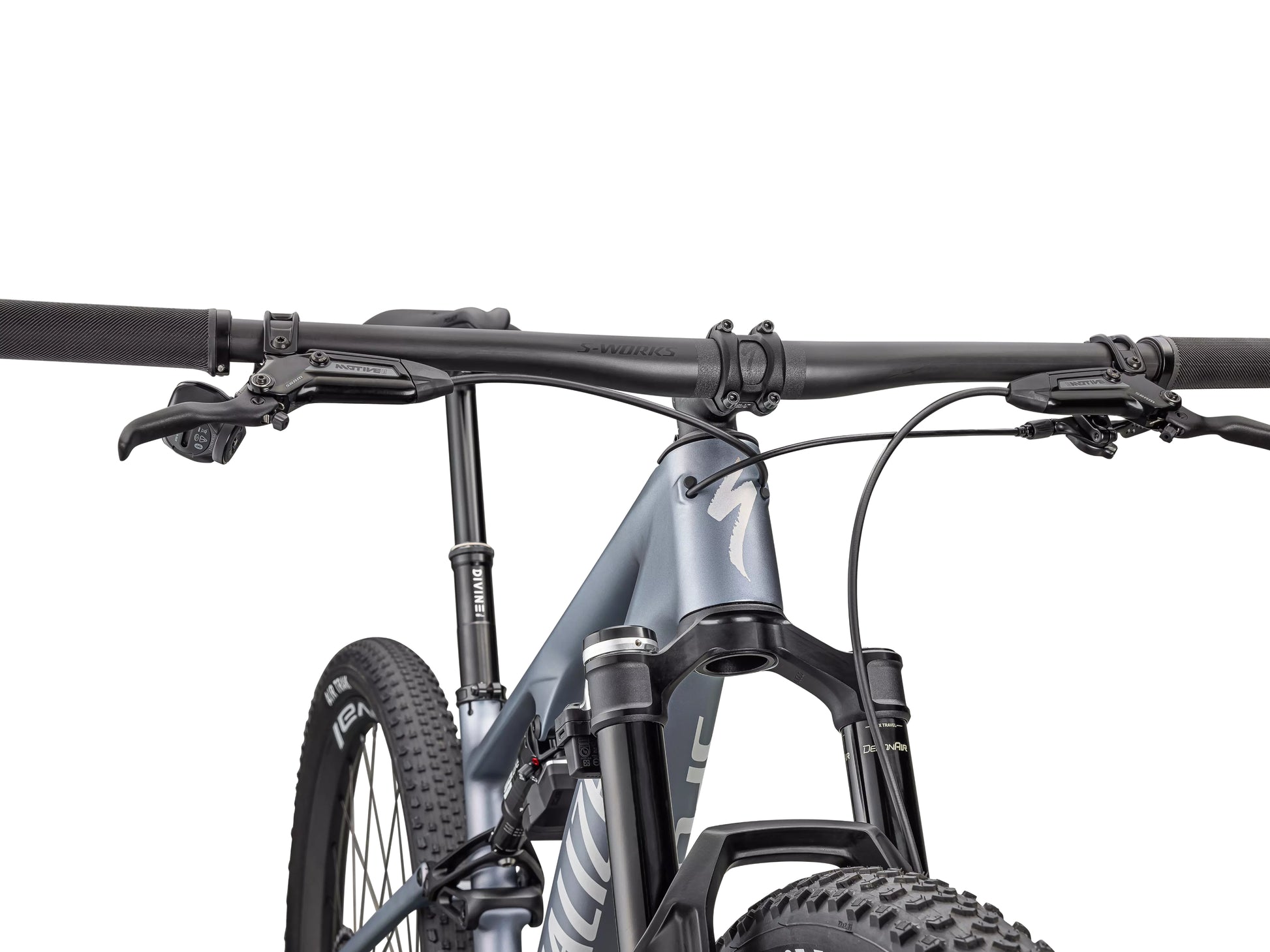 Specialized Epic 8 Pro Full Suspension Mountain bikGlacial metallic pearl / metallic white silver Handlebars, Stem, Shifters closeup