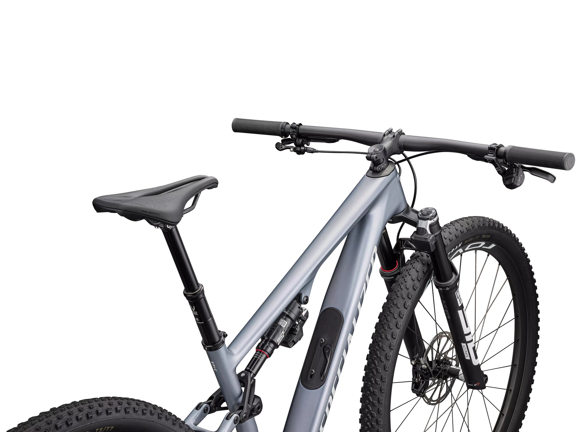 Specialized Epic 8 Pro Full Suspension Mountain bikGlacial metallic pearl / metallic white silver Saddle and  Cockpit view