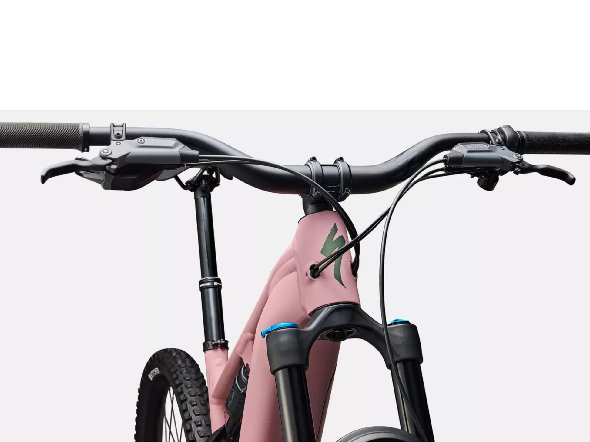 Specialized Turbo Levo 4 Comp Alloy Full Suspension eMTB Satin dusky pink / cycpress metallic Forward facing cockpit closeup