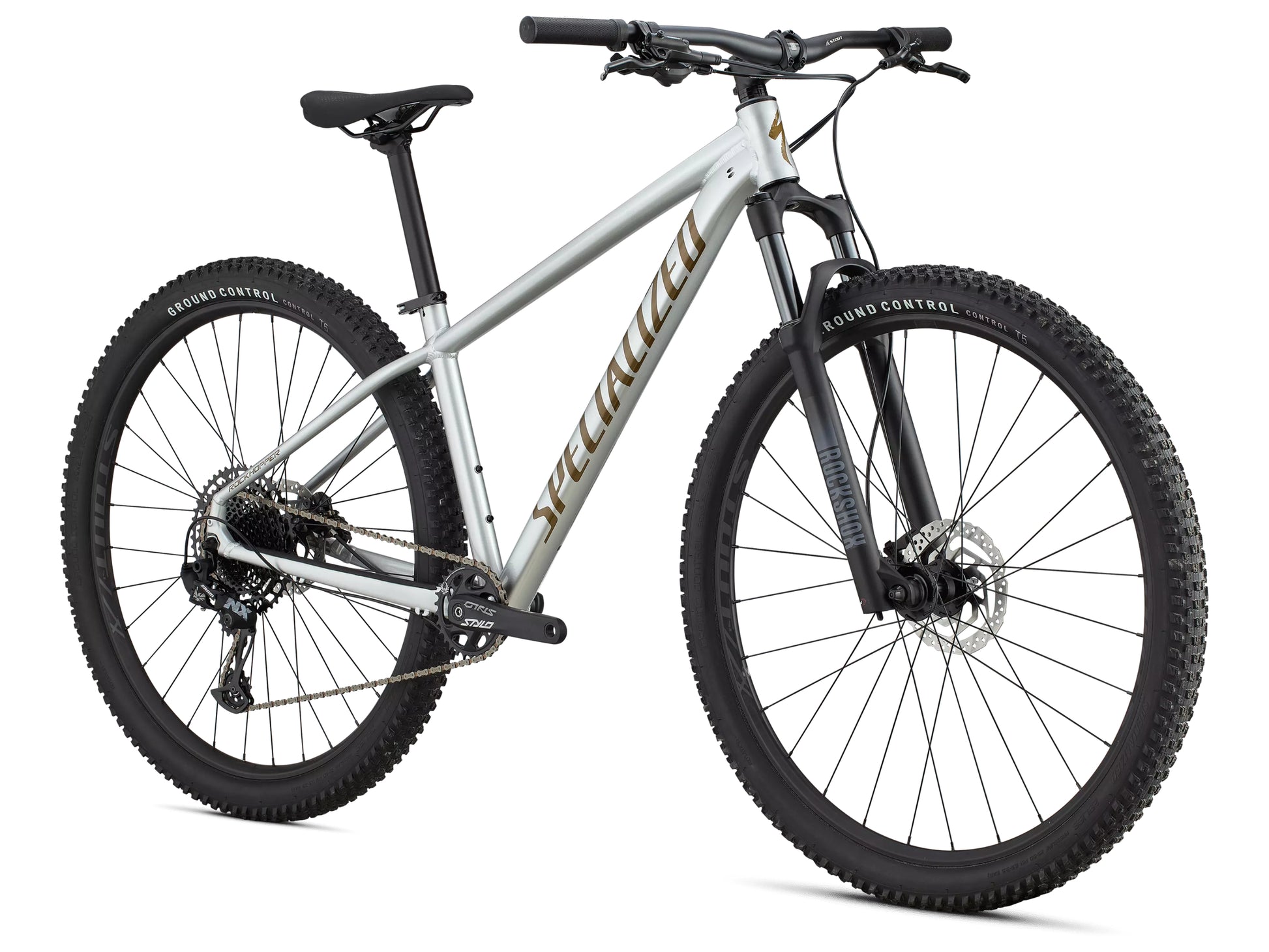 Specialized Rockhopper Expert Hardtail mountain bike Gloss silver dust / satin burnt gold metallic Forward facing view