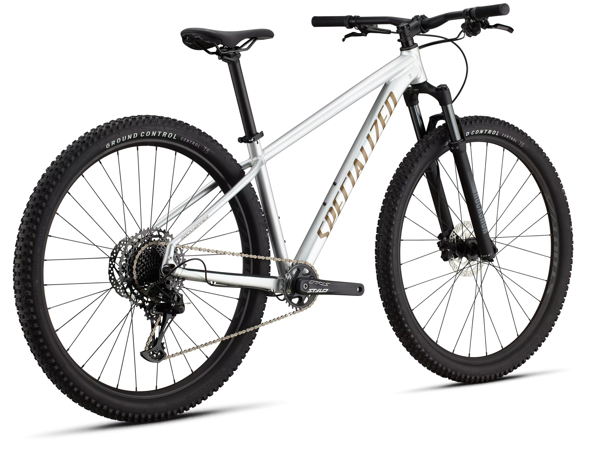 Specialized Rockhopper Expert Hardtail mountain bike Gloss silver dust / satin burnt gold metallic Rear facing view