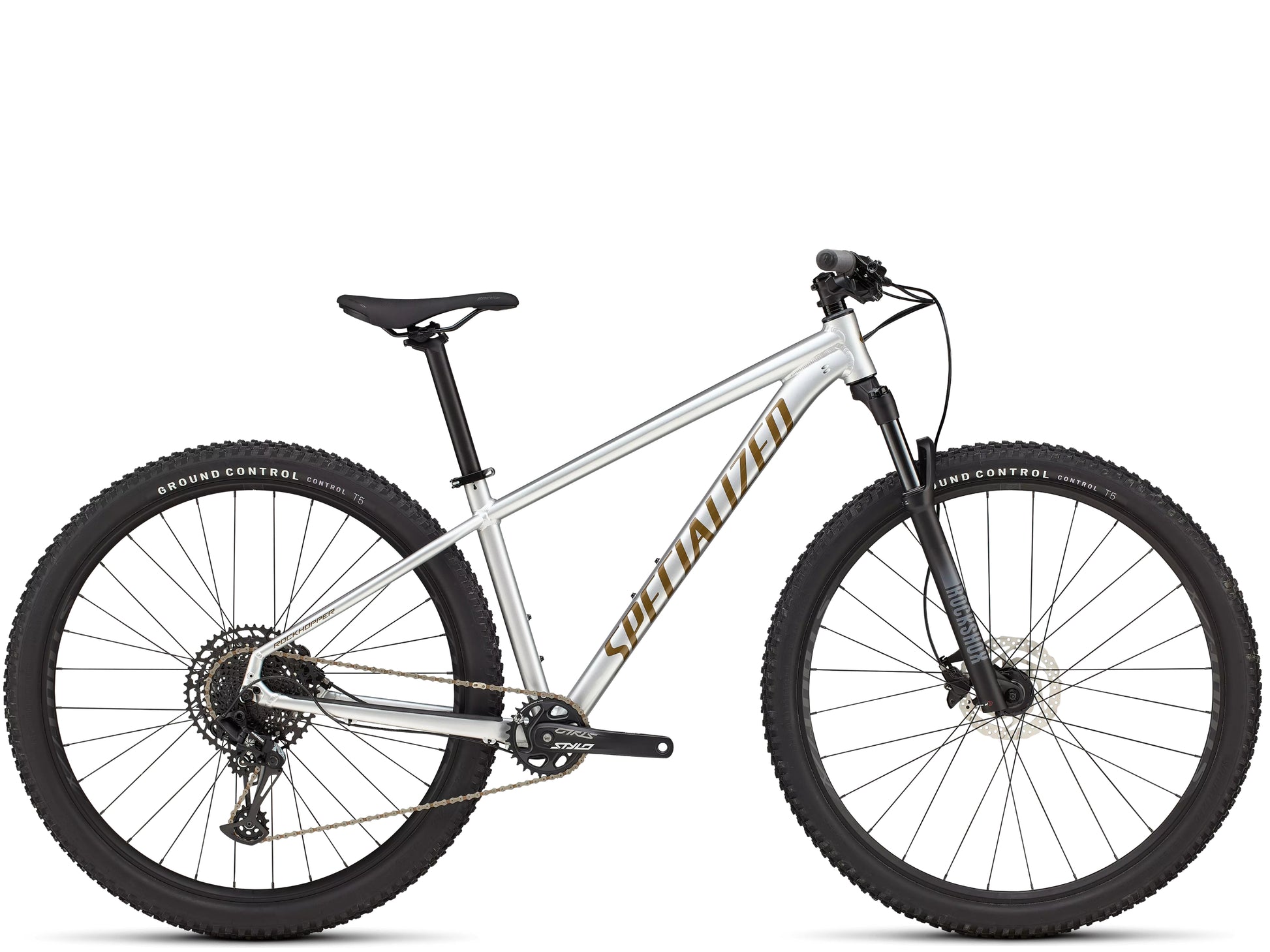 Specialized Rockhopper Expert Hardtail mountain bike Gloss silver dust / satin burnt gold metallic Side profile