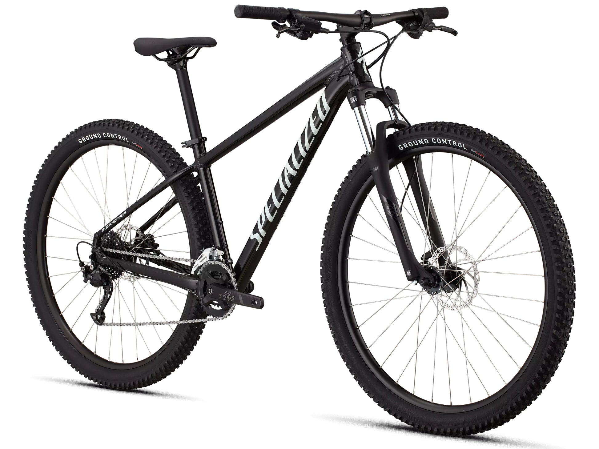 Specialized Rockhopper Hardtail mountain bike Gloss obsidian dune white Forward facing view