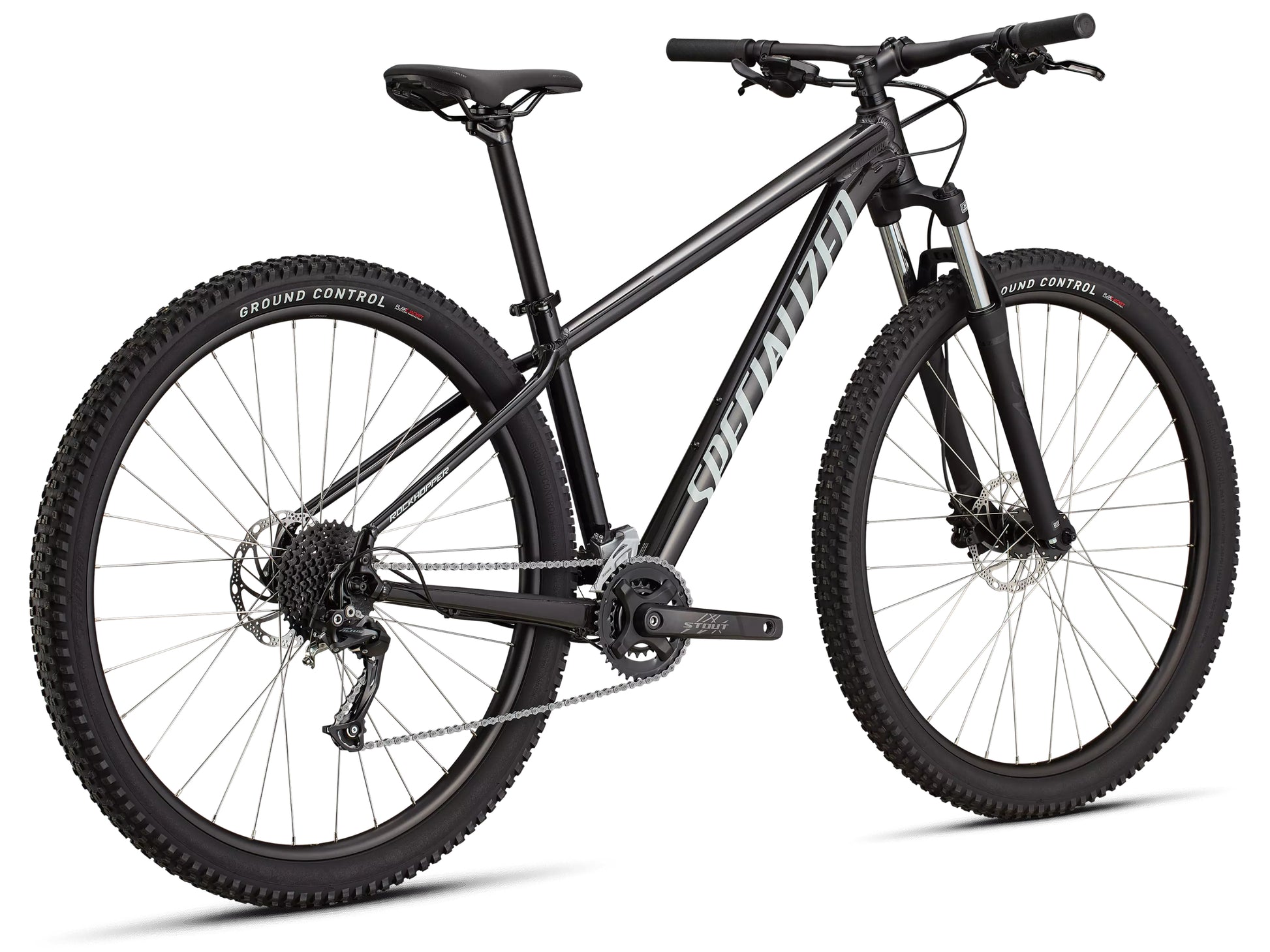 Specialized Rockhopper Hardtail mountain bike Gloss obsidian dune white Rear facing view