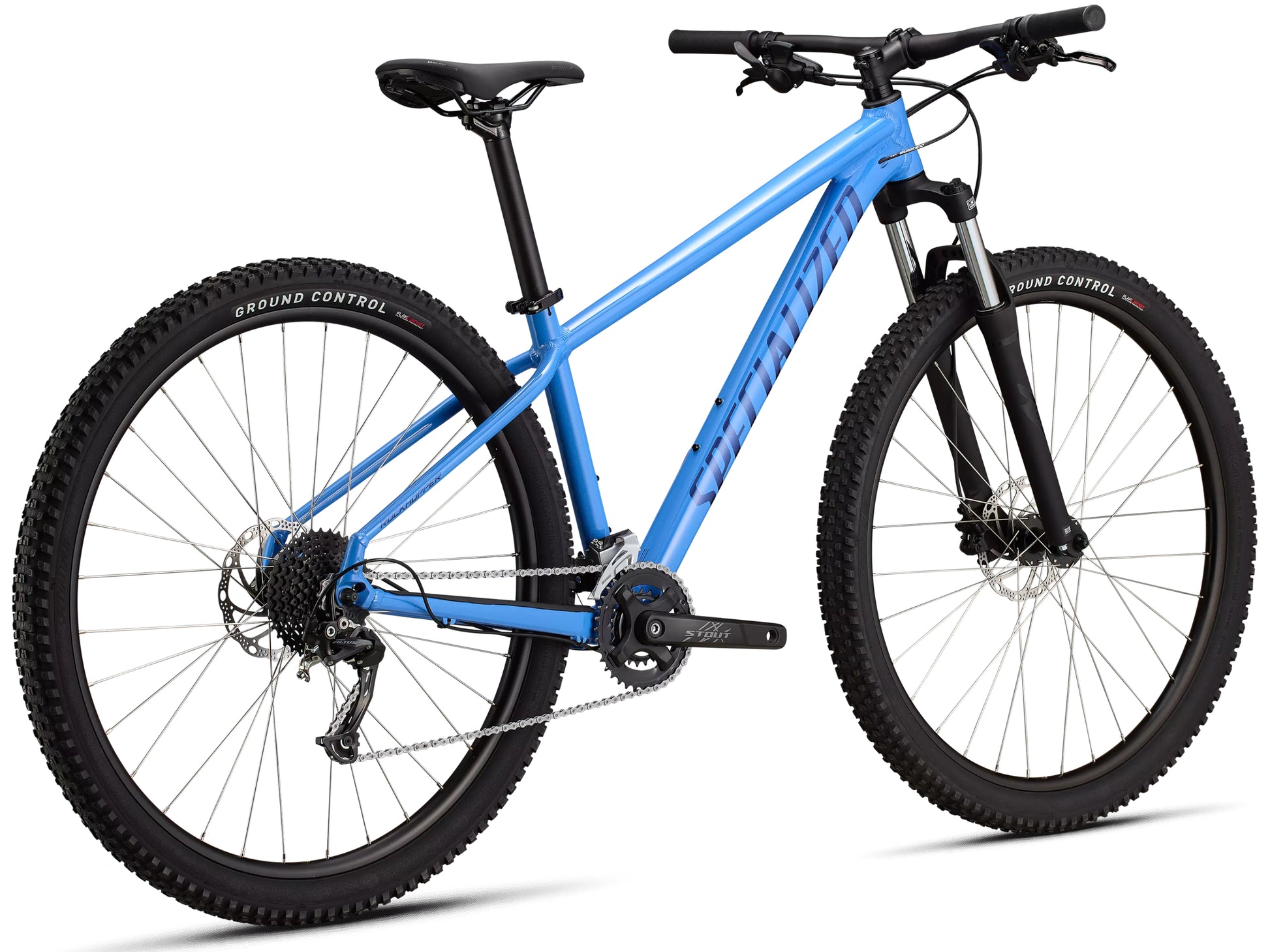 Specialized Rockhopper Hardtail mountain bike Gloss sky blue / majestly blue metallic Rear facing view