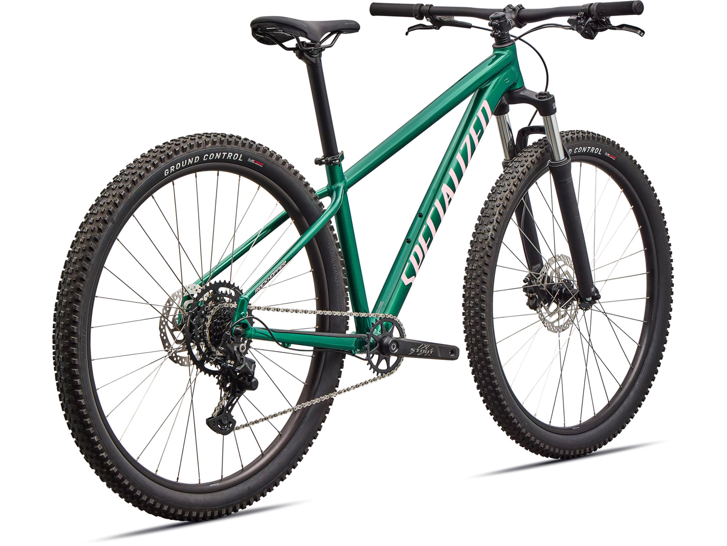 Specialized Rockhopper Sport Hardtail Mountain bike Gloss pine green / desert rose Rear facing view