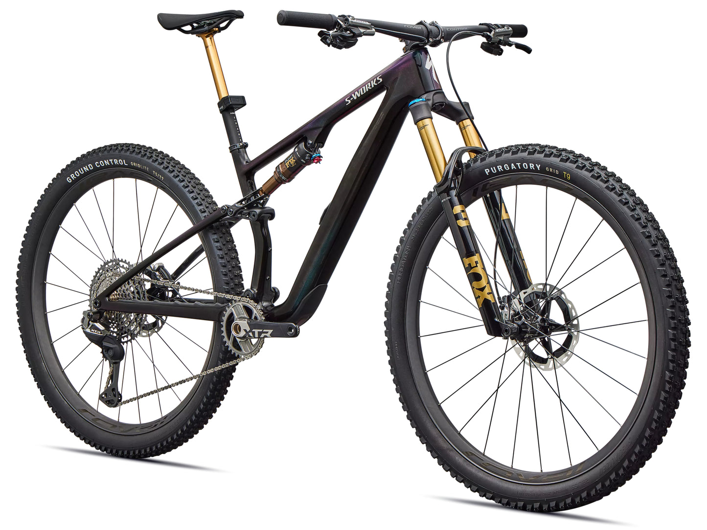 Specialized S-Works Epic 8 EVO Di2 Full suspension Mountain bike Gloss carbon / green to purple viavi fade / brushed liquid metal Forward facing view