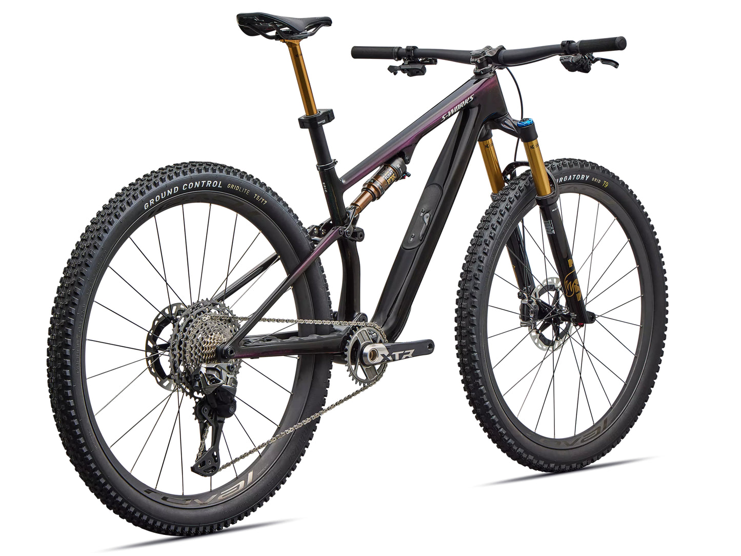 Specialized S-Works Epic 8 EVO Di2 Full suspension Mountain bike Gloss carbon / green to purple viavi fade / brushed liquid metal Rear facing view