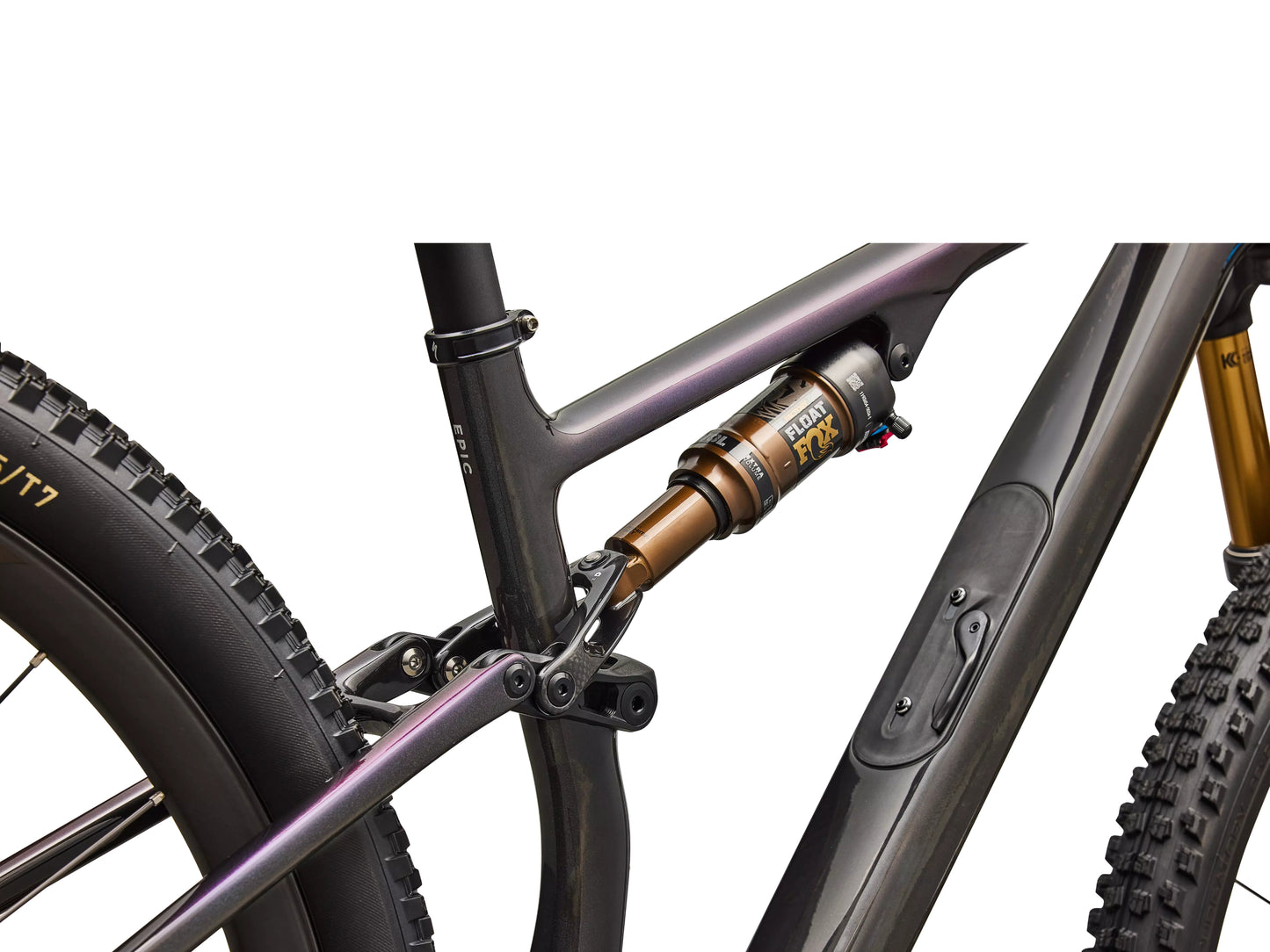 Specialized S-Works Epic 8 EVO Di2 Full suspension Mountain bike Gloss carbon / green to purple viavi fade / brushed liquid metal Rear shock closeup