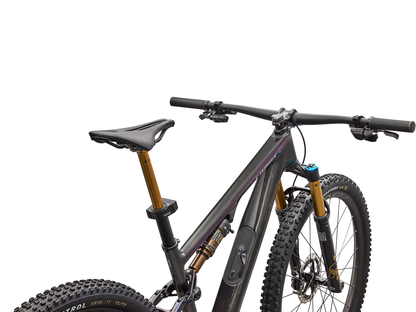 Specialized S-Works Epic 8 EVO Di2 Full suspension Mountain bike Gloss carbon / green to purple viavi fade / brushed liquid metal Saddle and Cockpit view