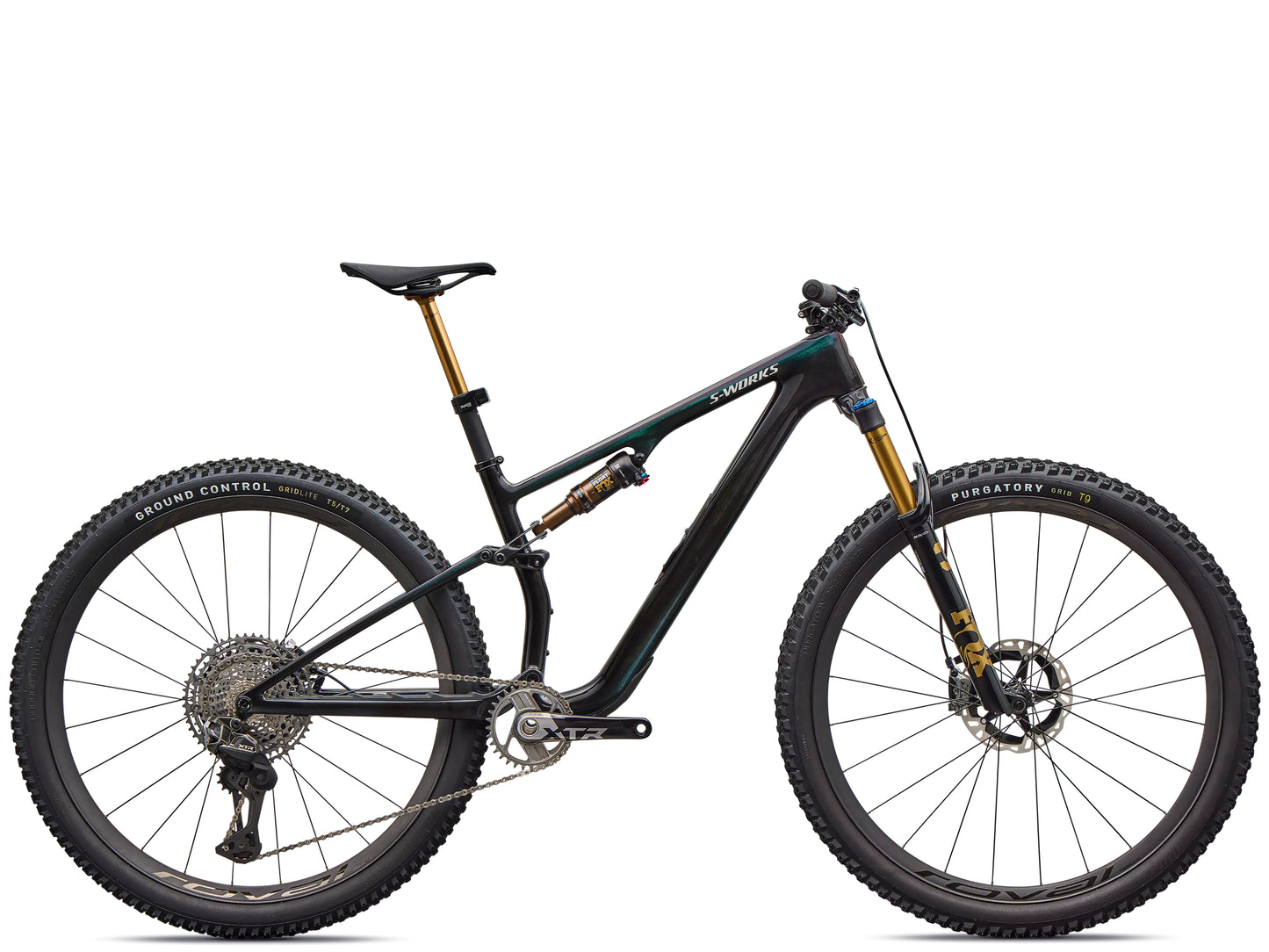 Specialized S-Works Epic 8 EVO Di2 Full suspension Mountain bike Gloss carbon / green to purple viavi fade / brushed liquid metal Side profile