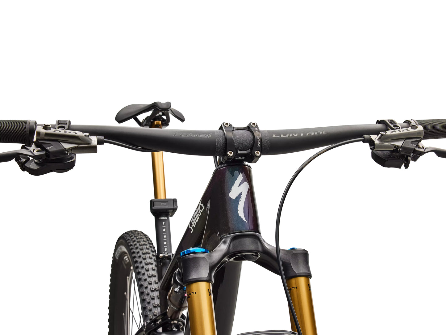 Specialized S-Works Epic 8 EVO Di2 Full suspension Mountain bike Gloss carbon / green to purple viavi fade / brushed liquid metal Handlebars, stem, shifters closeup