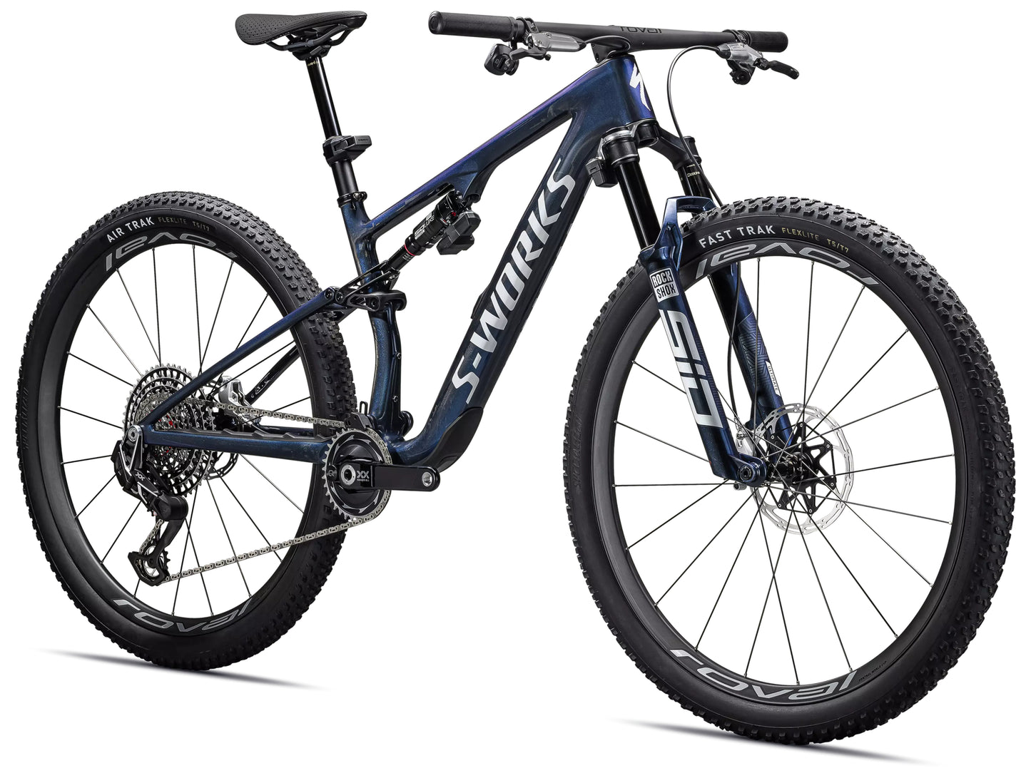 Specialized S-Works Epic 8 Full Suspension Mountain bike Gloss cyan blue pearl / metallic white silver Forward facing view