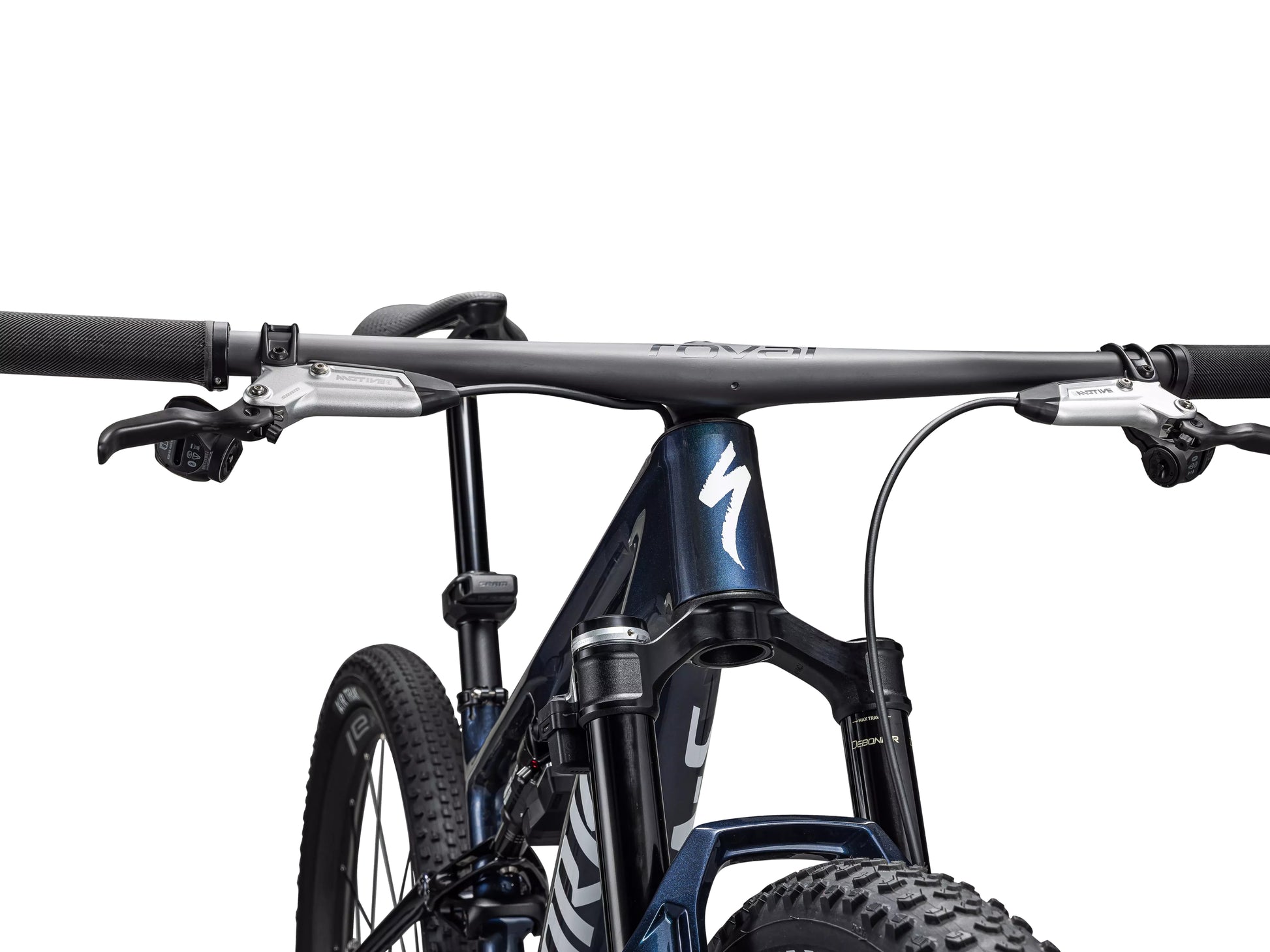 Specialized S-Works Epic 8 Full Suspension Mountain bike Gloss cyan blue pearl / metallic white silver Handlebars, stem, shifters, saddle and seatpost closeup