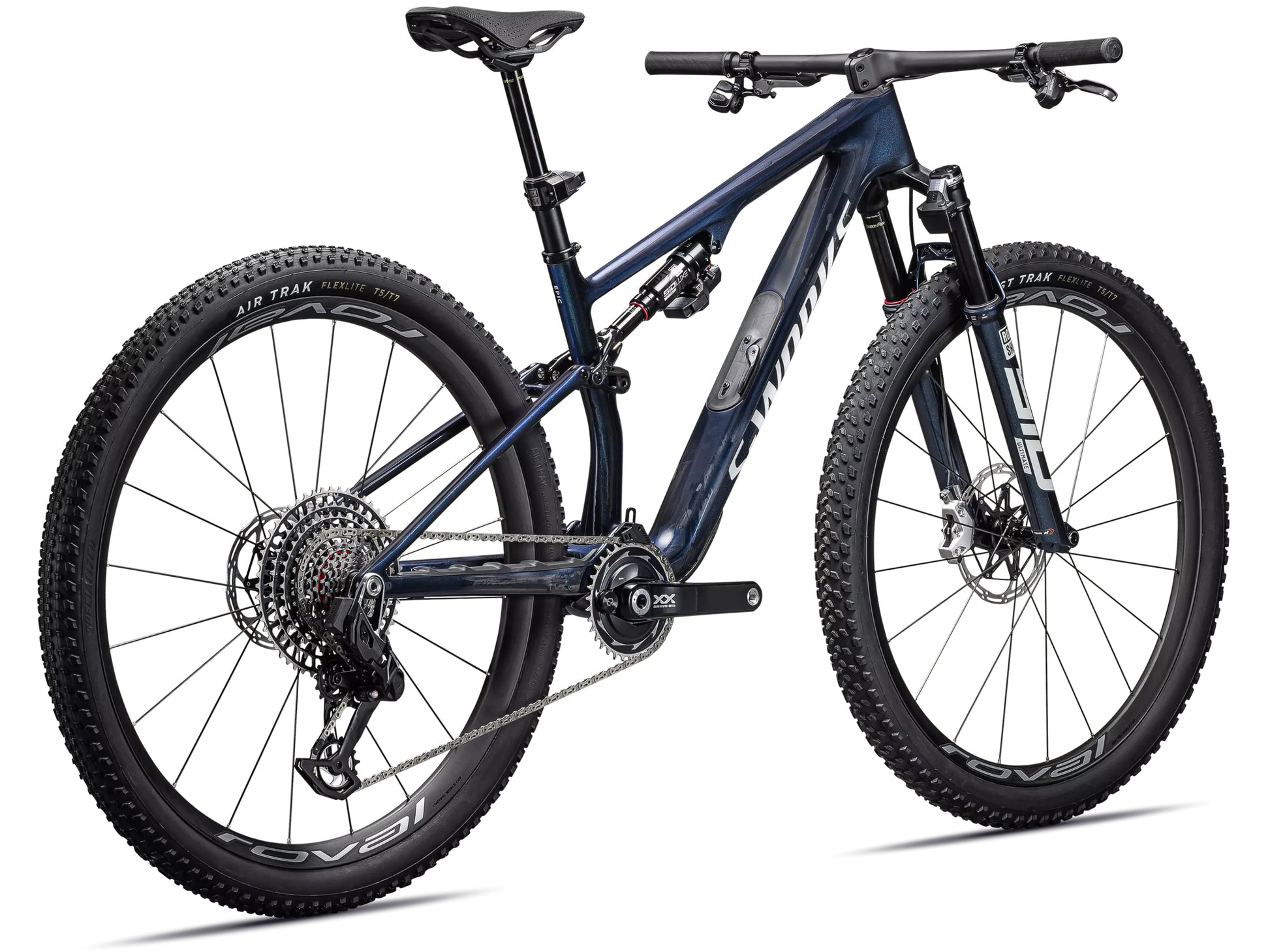 Specialized S-Works Epic 8 Full Suspension Mountain bike Gloss cyan blue pearl / metallic white silver Rear facing view