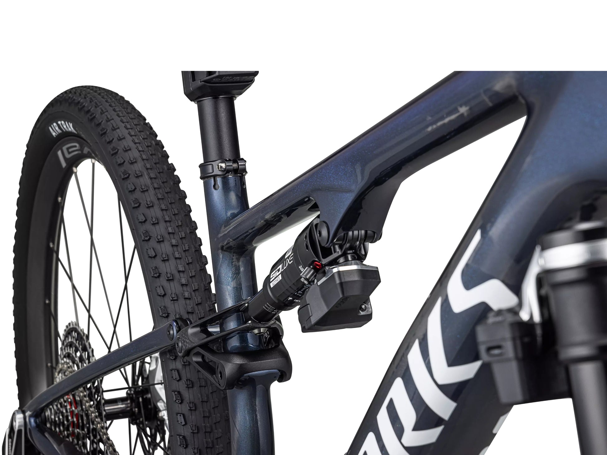 Specialized S-Works Epic 8 Full Suspension Mountain bike Gloss cyan blue pearl / metallic white silver Rear shock closeup