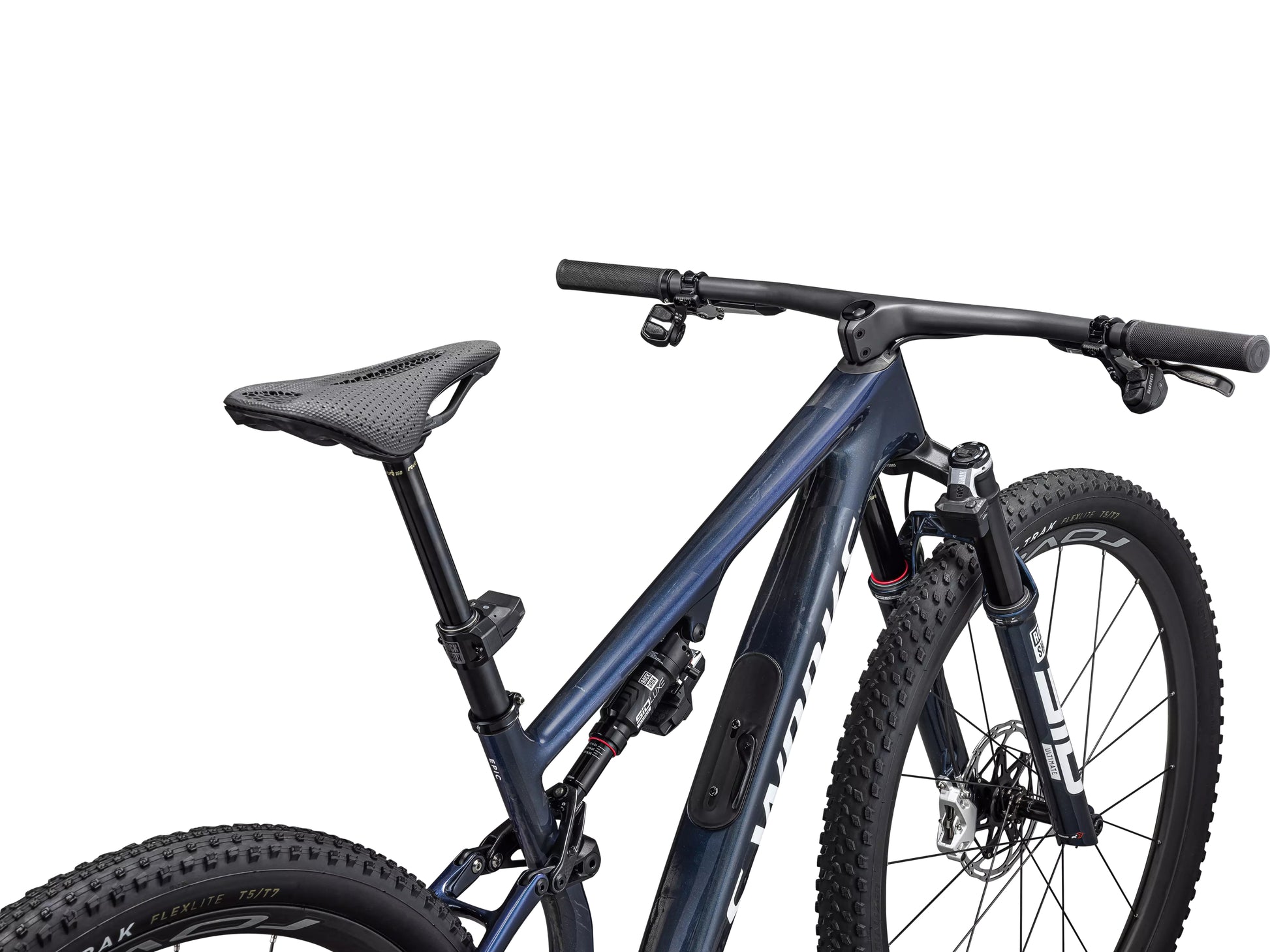 Specialized S-Works Epic 8 Full Suspension Mountain bike Gloss cyan blue pearl / metallic white silver Seatpost, saddle and cockpit forward view