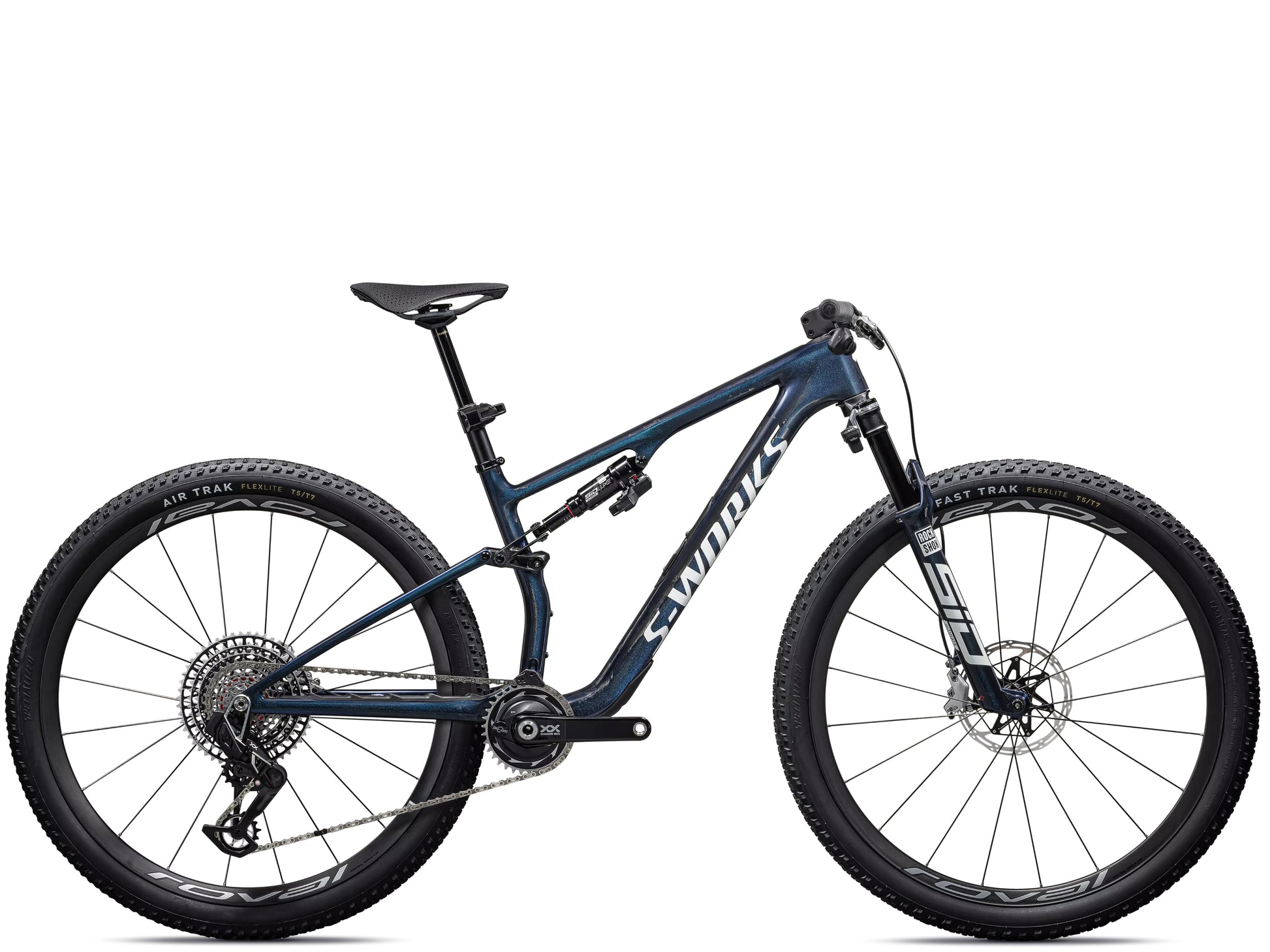 Specialized S-Works Epic 8 Full Suspension Mountain bike Gloss cyan blue pearl / metallic white silver Side profile
