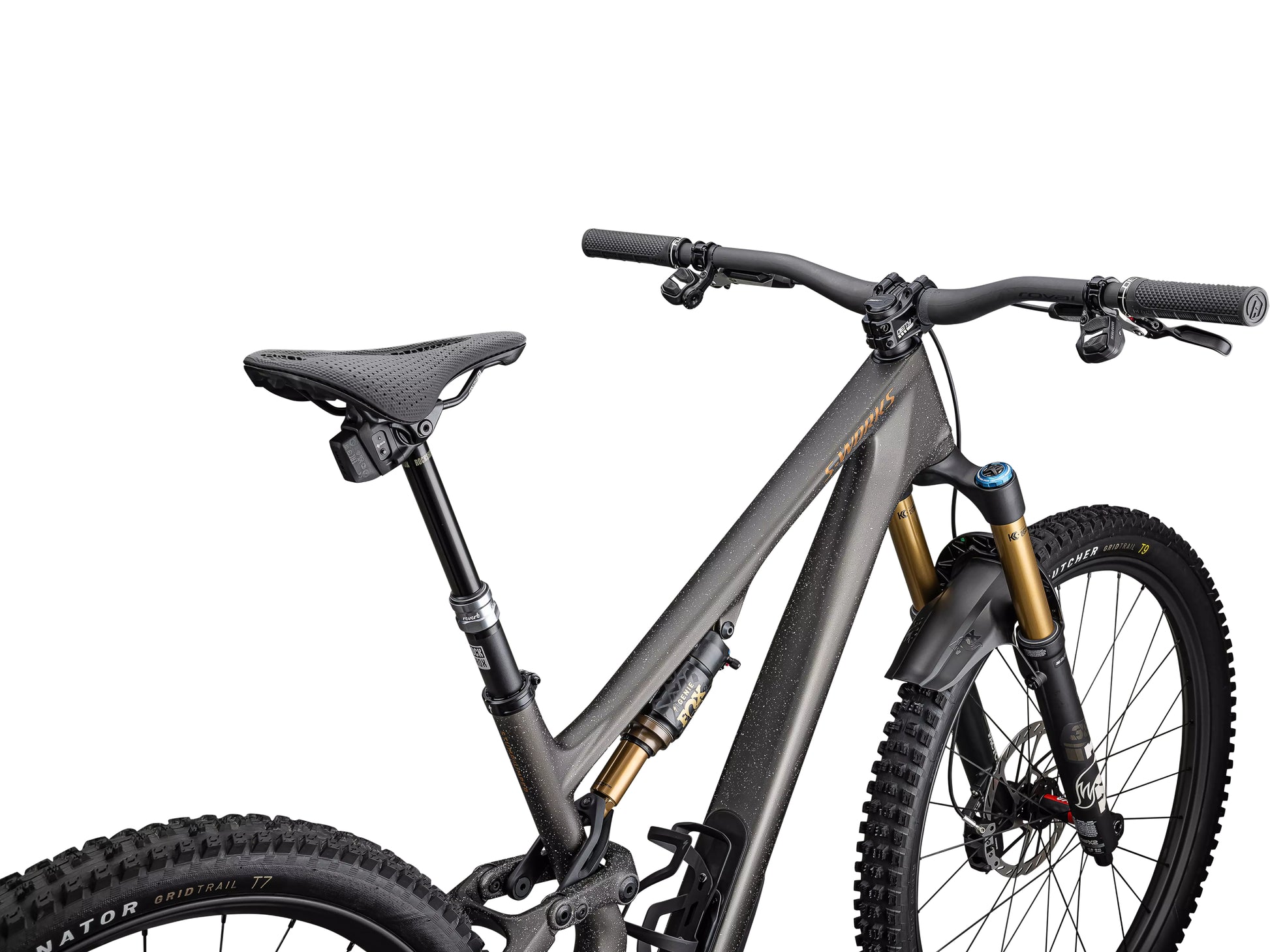 Specialized S-Works Stumpjumper 15 Full Suspension Mountain bike Satin gunmetal / clay / white mountain / dove grey / gloss bronze Cockpit closeup