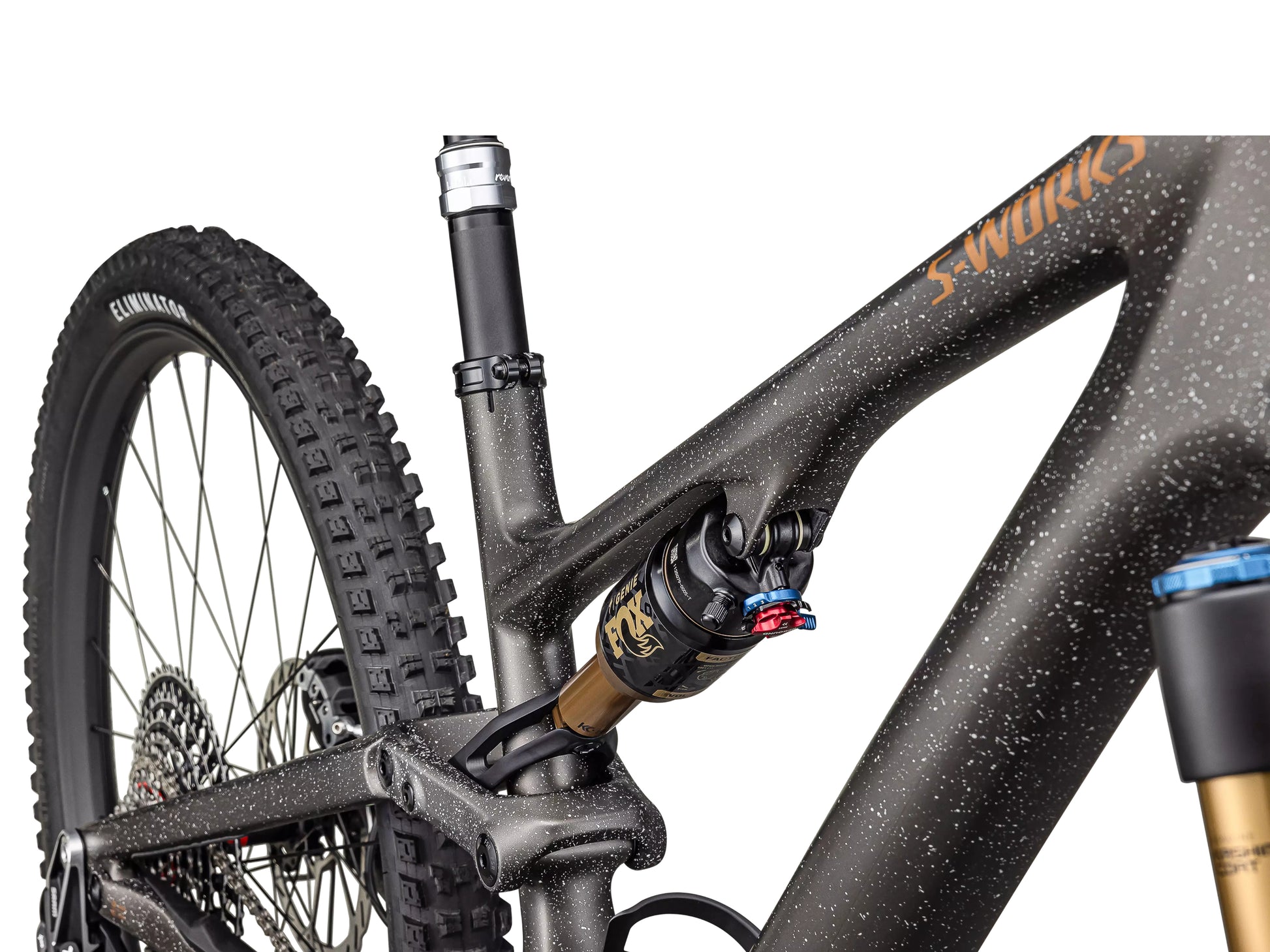 Specialized S-Works Stumpjumper 15 Full Suspension Mountain bike Satin gunmetal / clay / white mountain / dove grey / gloss bronze Fox Genie rear shock closeup