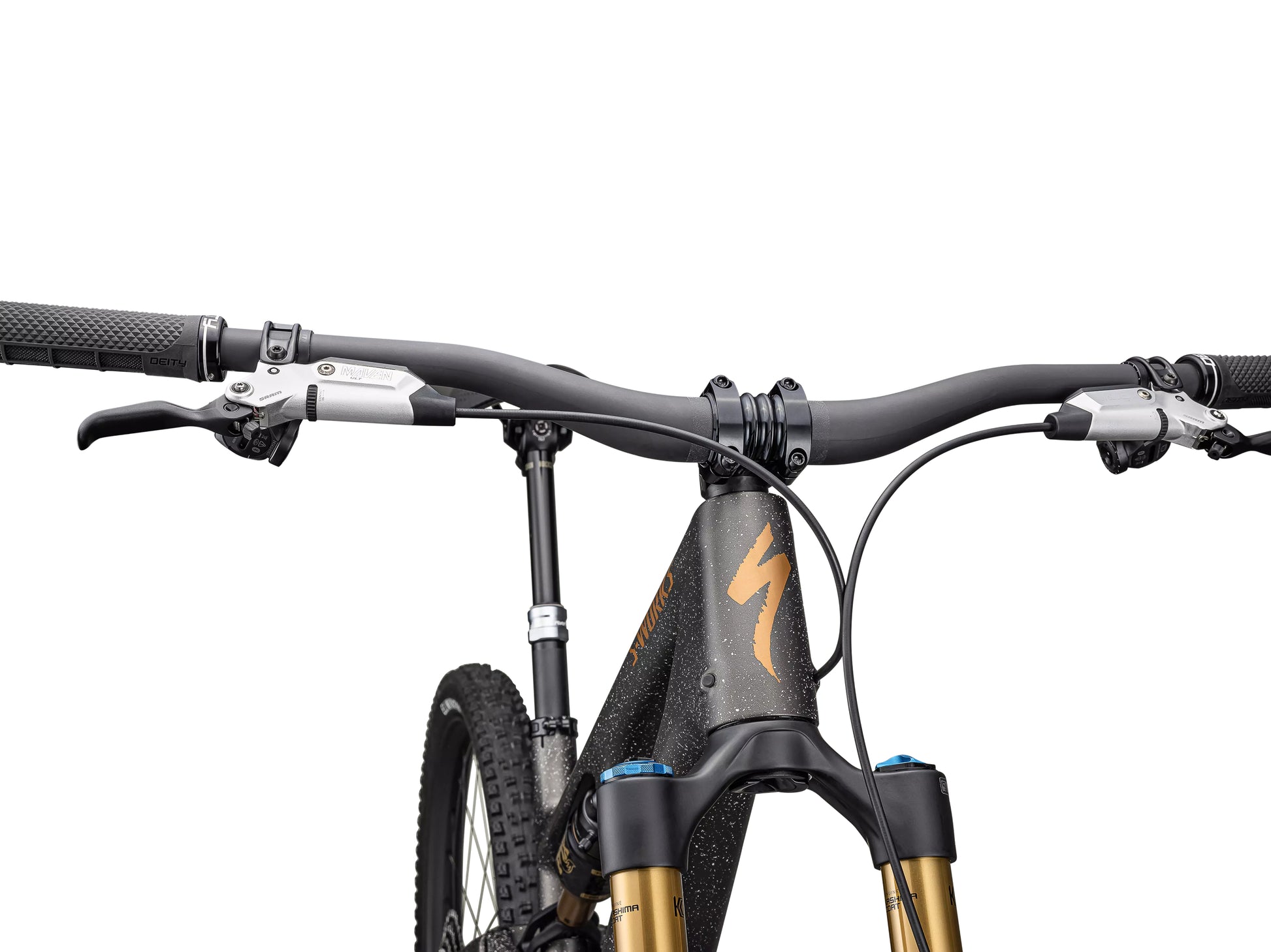 Specialized S-Works Stumpjumper 15 Full Suspension Mountain bike Satin gunmetal / clay / white mountain / dove grey / gloss bronze Handlebar, stem, shifters closeup