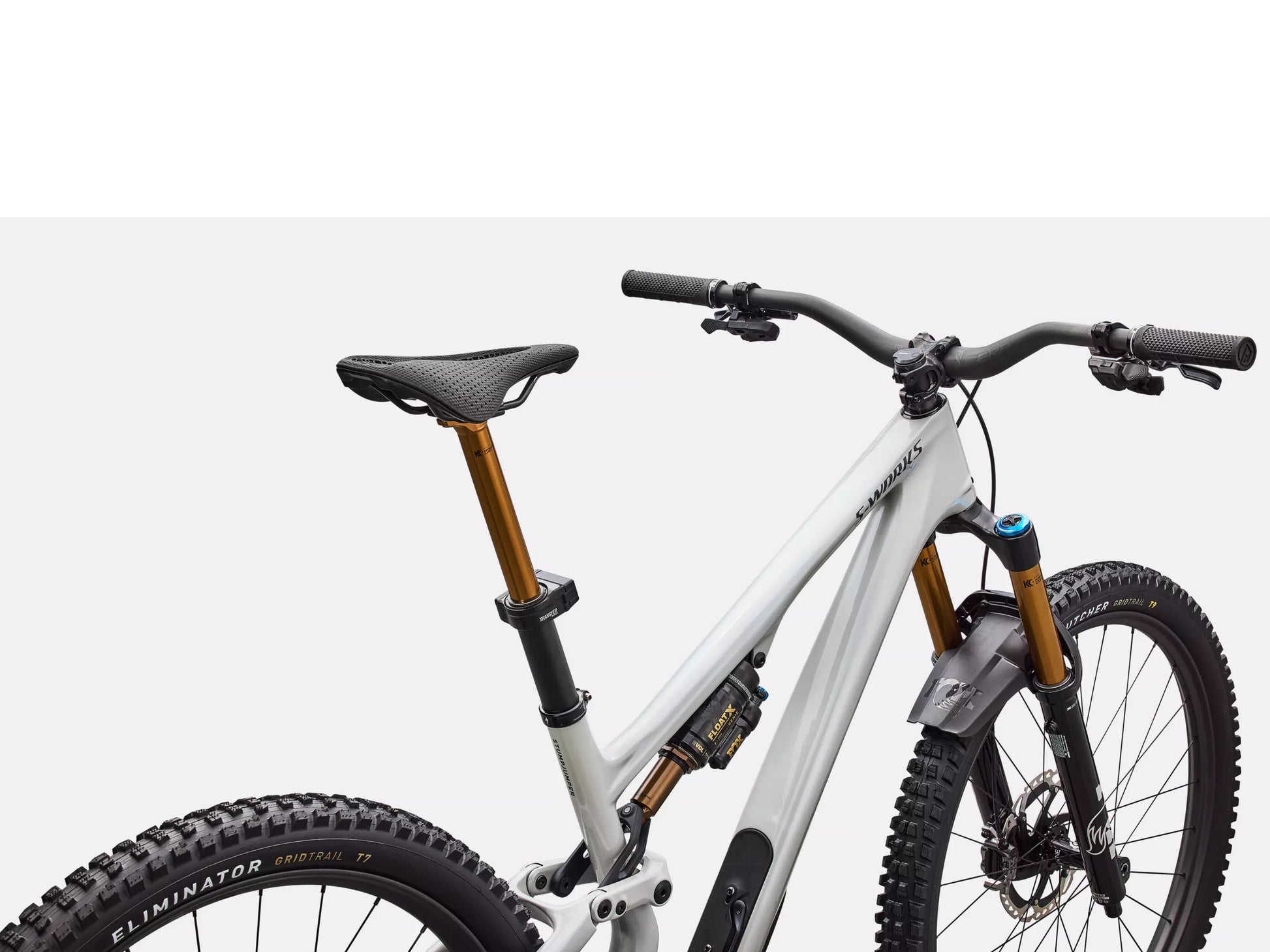 Specialized S-Works Stumpjumper 15 EVO Di2 Full Suspension Mountain bike Gloss dolomite metallic / smoke liquid metal Cockpit closeup