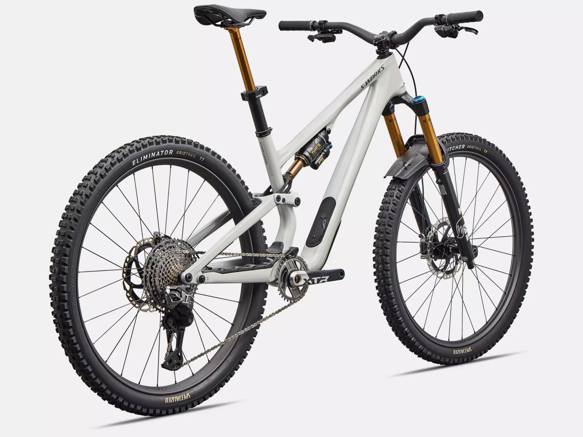 Specialized S-Works Stumpjumper 15 EVO Di2 Full Suspension Mountain bike Gloss dolomite metallic / smoke liquid metal Rear facing view