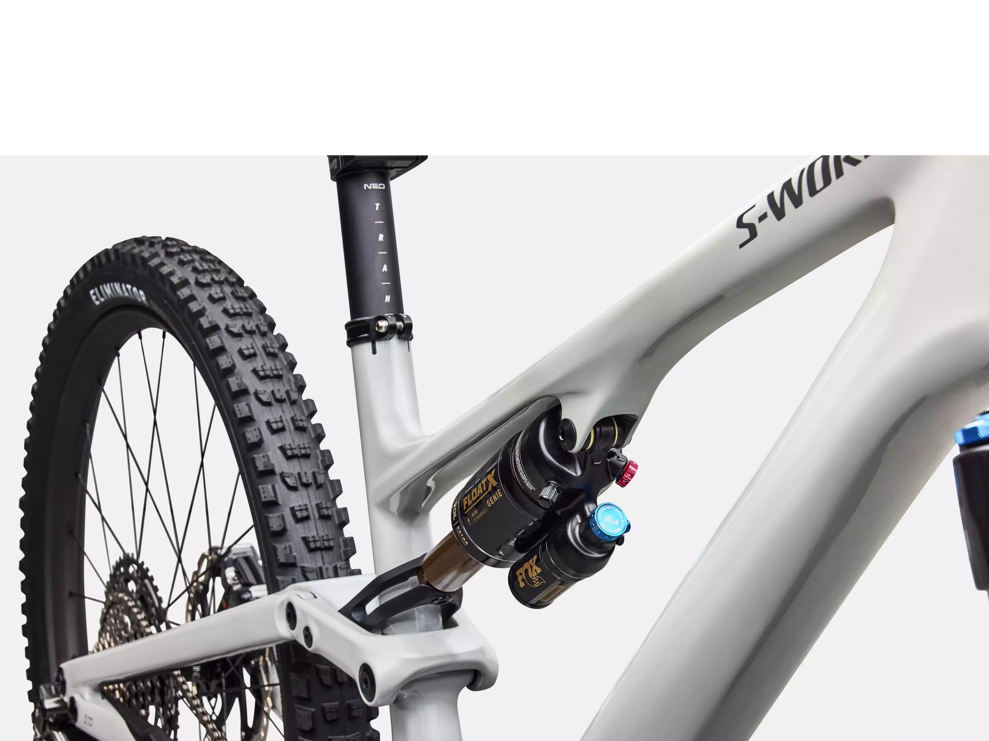 Specialized S-Works Stumpjumper 15 EVO Di2 Full Suspension Mountain bike Gloss dolomite metallic / smoke liquid metal Rear shock and seatpost closeup