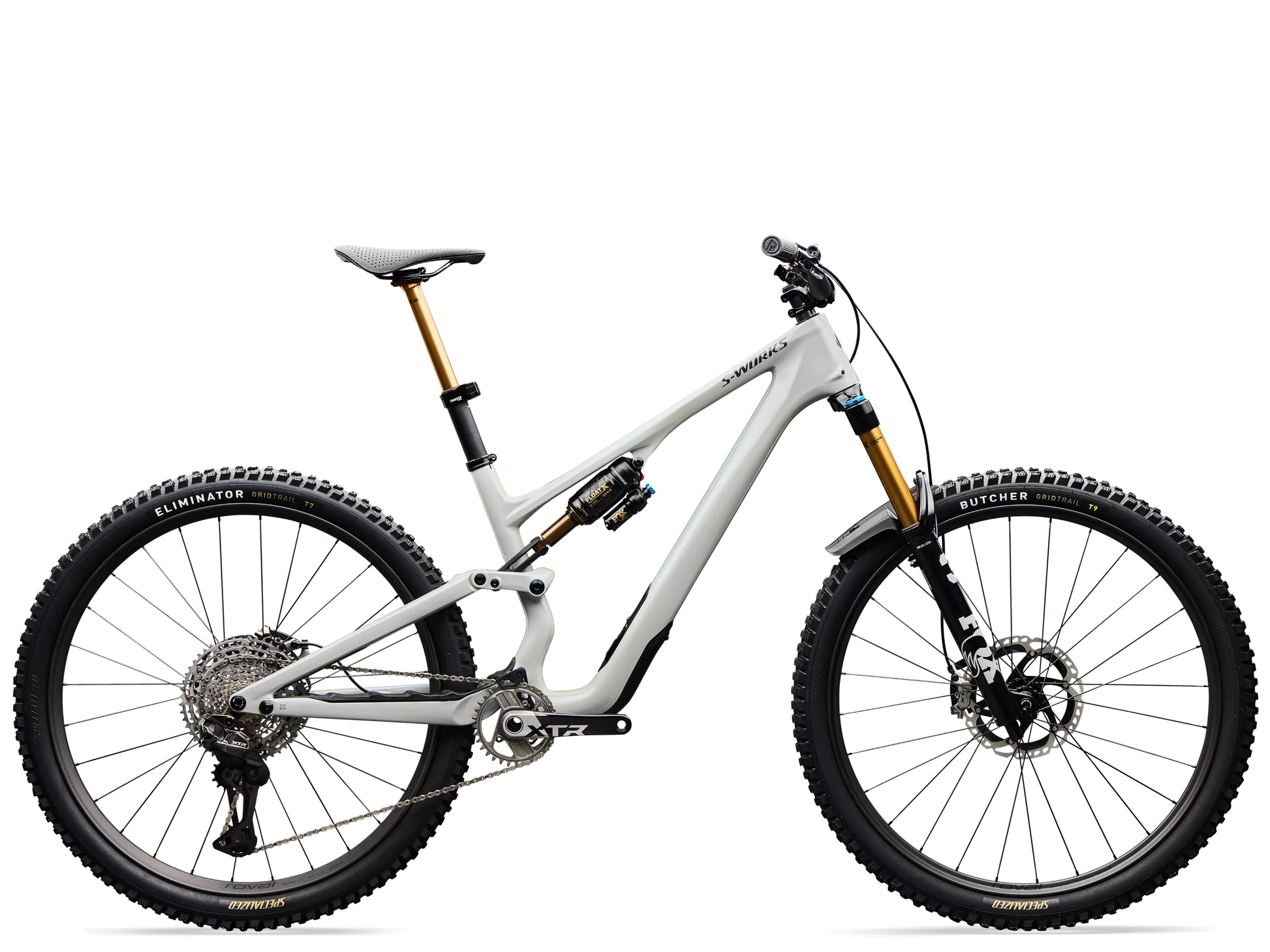 Specialized S-Works Stumpjumper 15 EVO Di2 Full Suspension Mountain bike Gloss dolomite metallic / smoke liquid metal Side profile