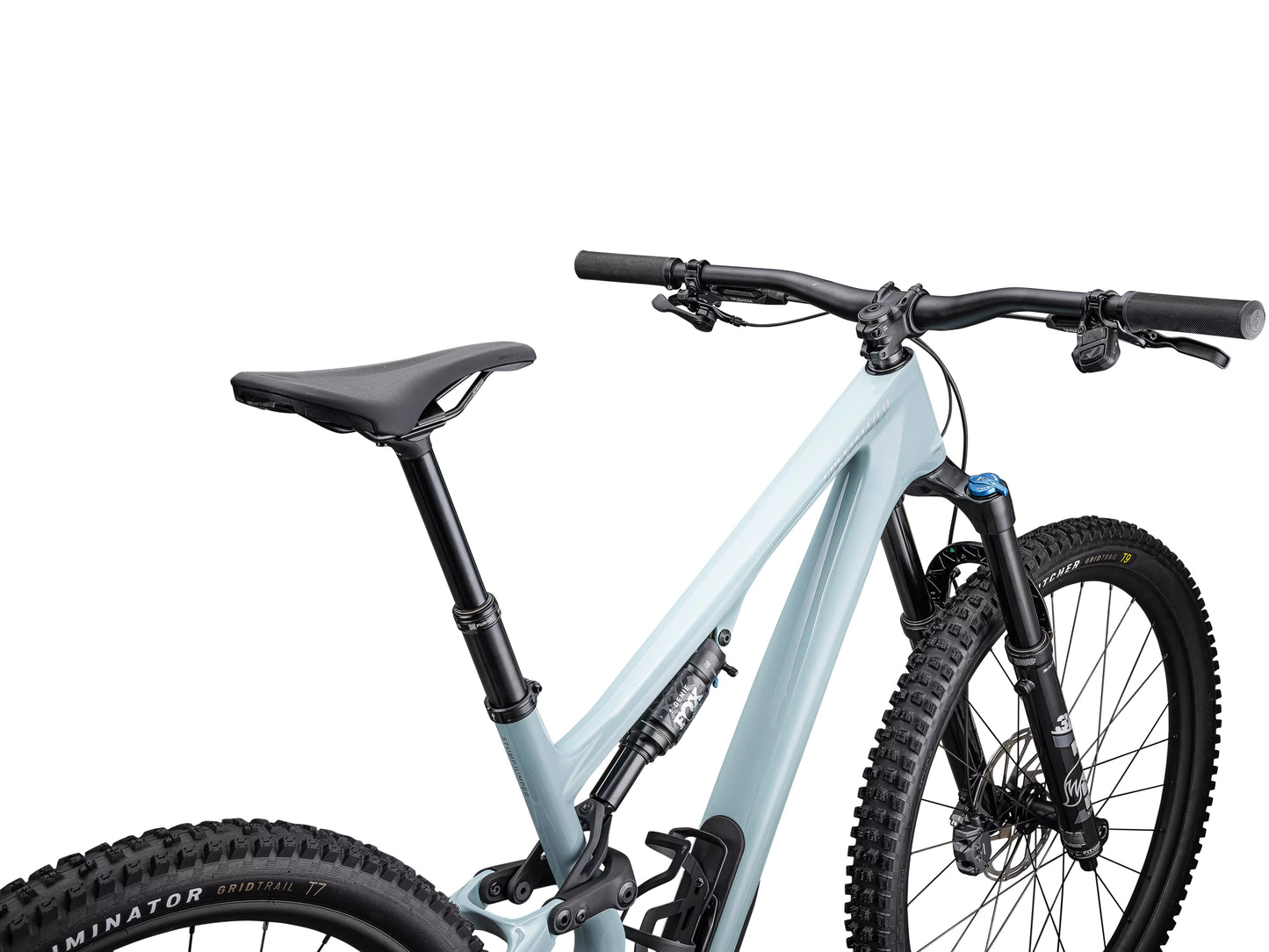 Specialized Stumpjumper 15 Comp Full Suspension Mountain bike Gloss seafoam / silver dust Cockpit and saddle closeup